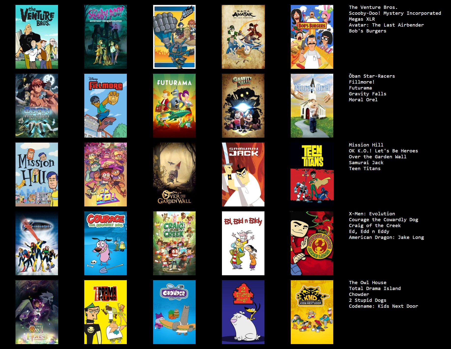 This is a list of cartoons I would say range from favorites to some I really like a lot. Some I definitely default to when I need something to casually watch. 