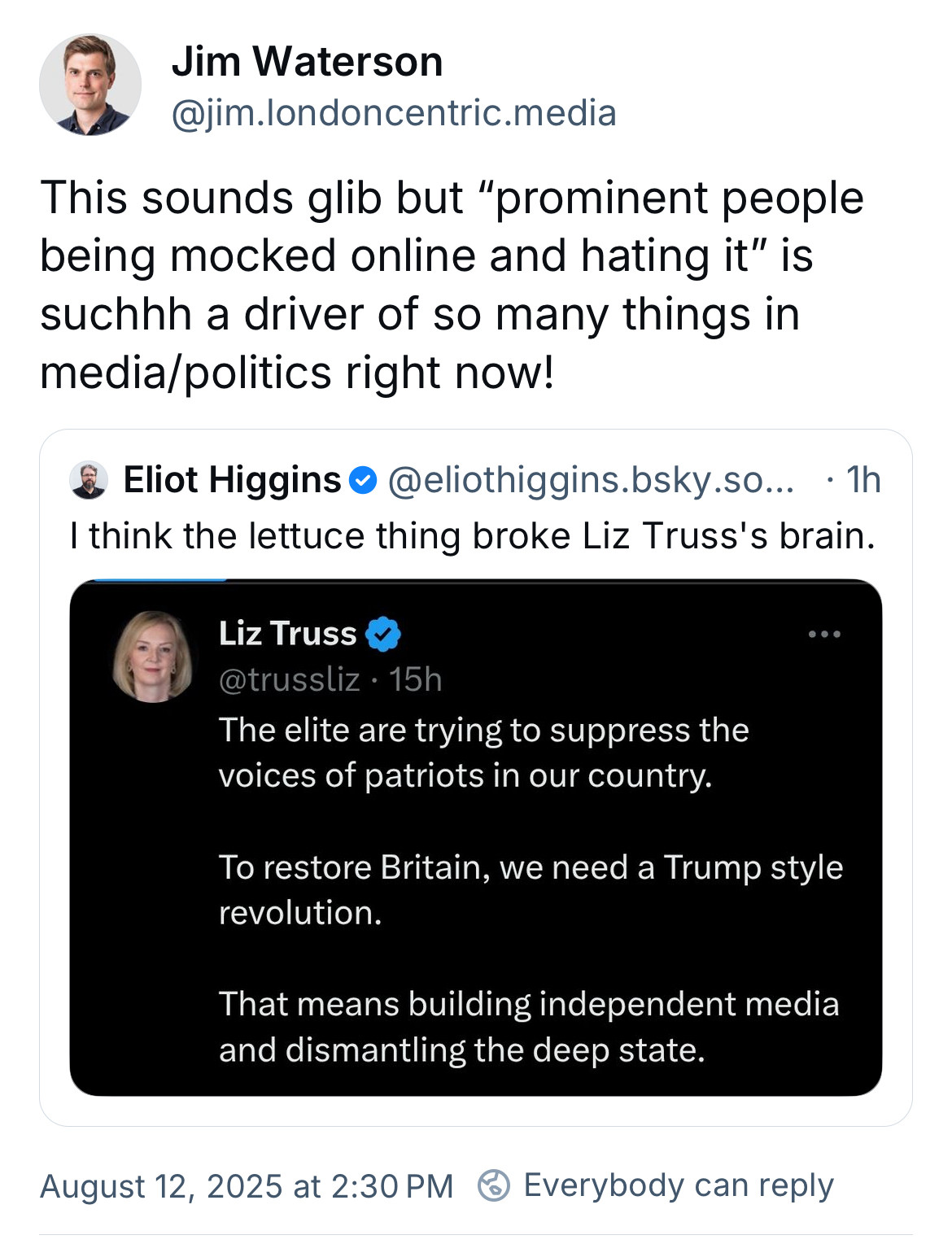 Jim Waterson
@jim.londoncentric.media
This sounds glib but "prominent people being mocked online and hating it" is suchhh a driver of so many things in media/politics right now!