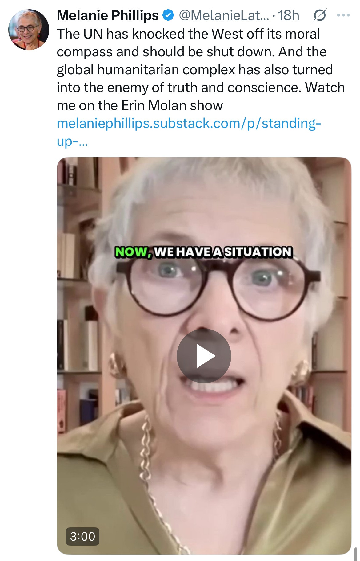 Melanie Phillips @ @MelanieLat..18h S..•
The UN has knocked the West off its moral compass and should be shut down. And the global humanitarian complex has also turned into the enemy of truth and conscience. Watch me on the Erin Molan show