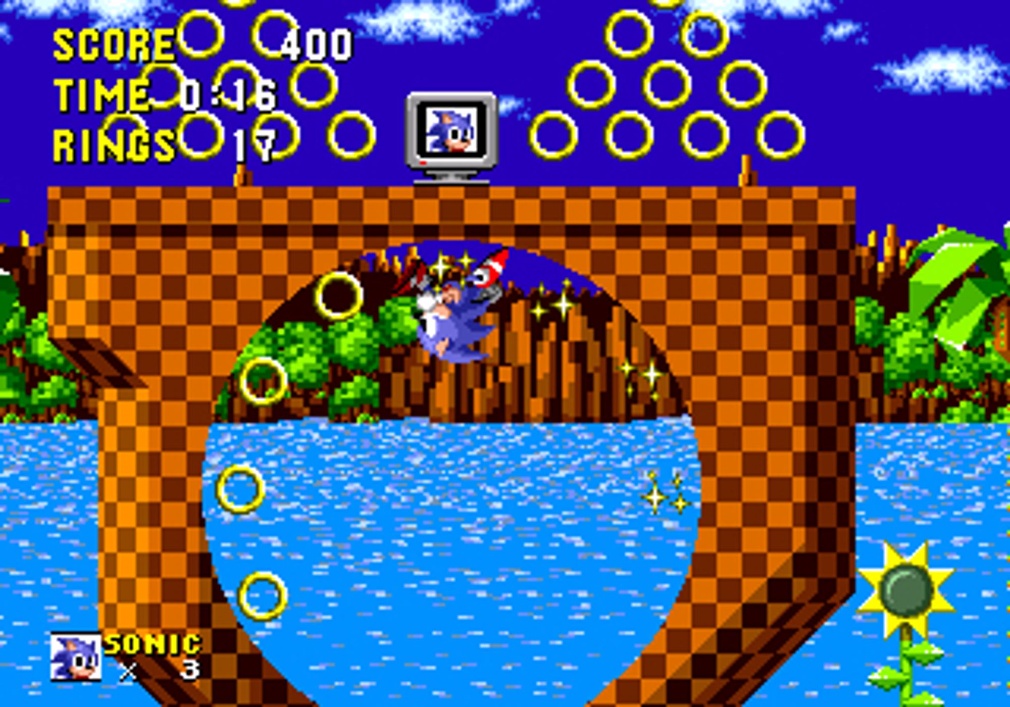 A video game screenshot of sonic the hedgehog collecting rings.