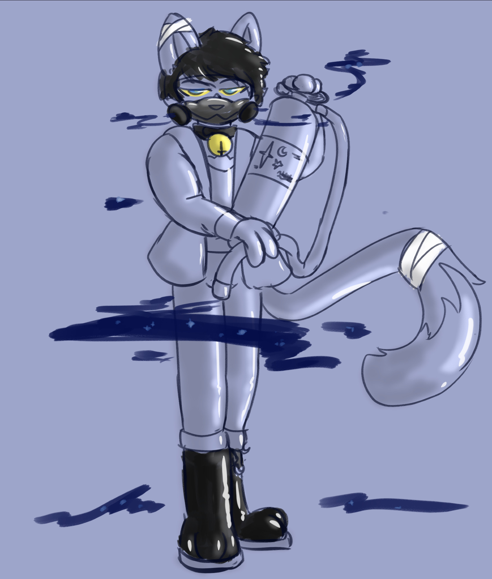 Chal, a feline donning a mask, holding up a tank of an unspecified gas (compressed magic, as per this post) as well as a hose while looking at the viewer.