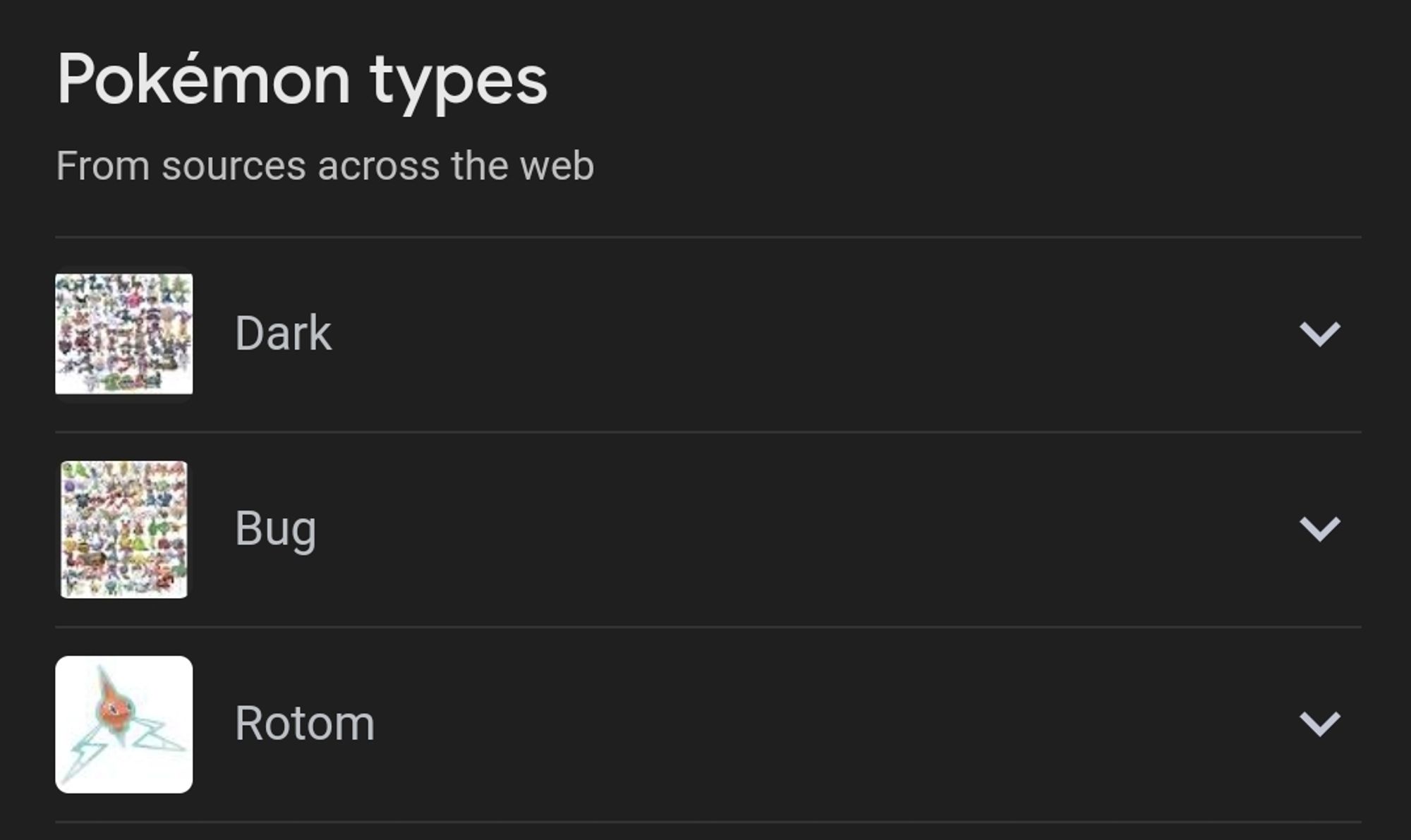 A Google search result for Pokémon types listing "bug," "dark," and "rotom."