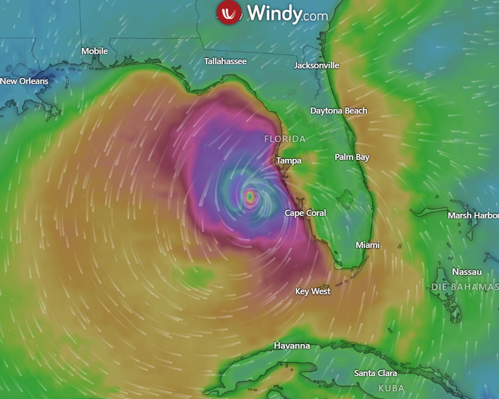 Ein Screenshot der Website Windy.com in dem der Bundesstaat Florida und Hurricane Milton als Sturm mit hohen Windgeschwindigkeiten direkt an der Westküste Floridas zu sehen ist.