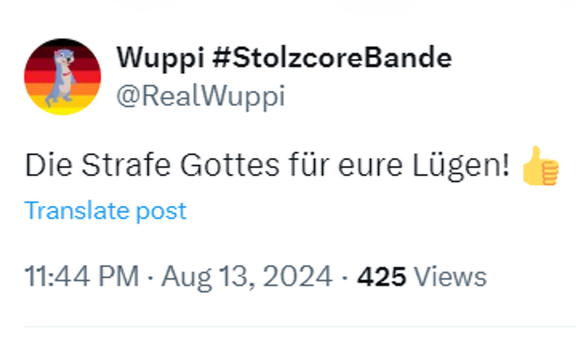 Ein Stolzdepp schreibt auf Twitter:
"Die Strafe Gottes für eure Lügen!"