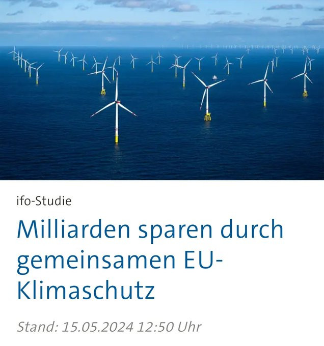 Ein Offshore Windkraftpark. Die Überschrift lautet: ifo Studie. Milliarden sparen durch gemeinsamen EU-Klimaschutz
Quelle: Tagesschau