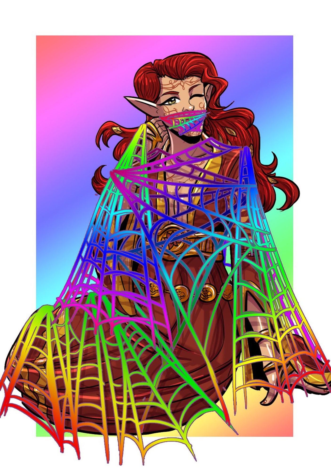 Rhuna in a sitting pose, one hand poised on the ground with the other brushing back her hair. Spider webs in rainbow colors are wrapped around her body and mouth, as she tosses a wink towards the viewer.