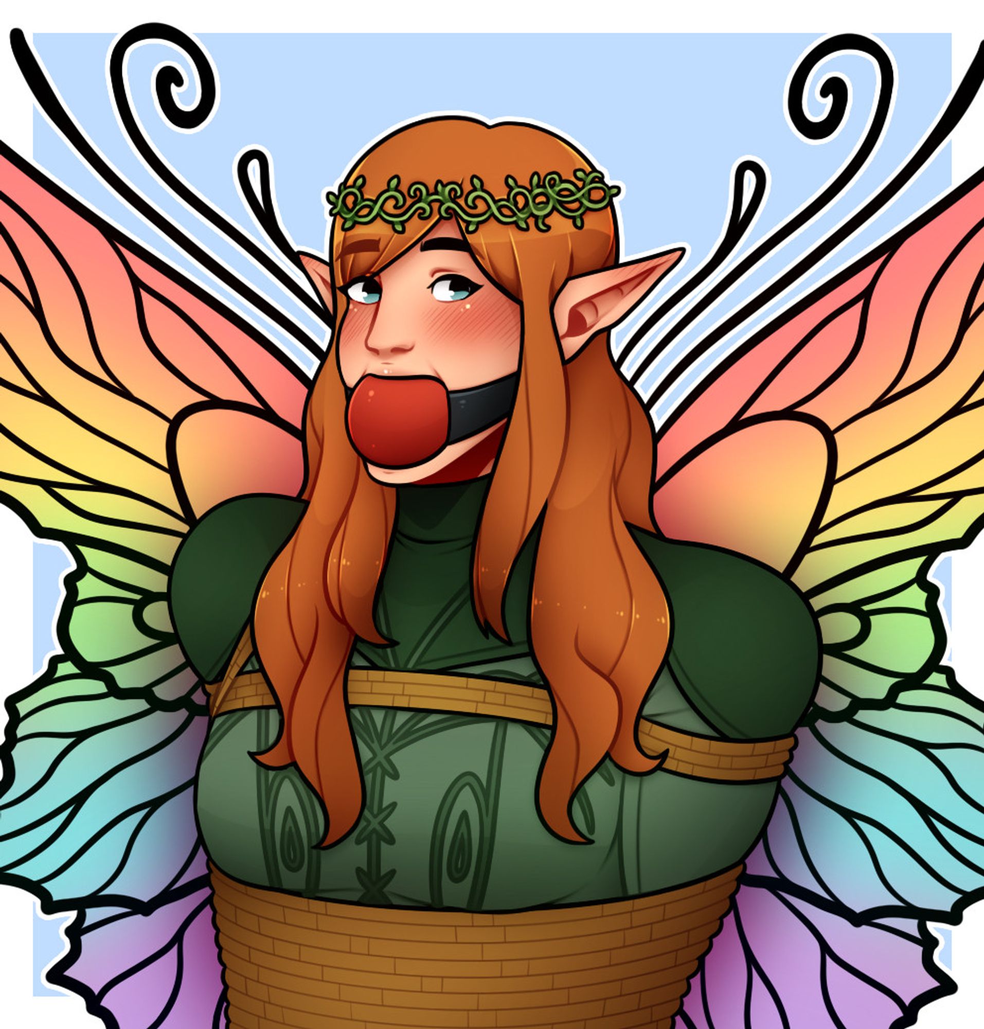 A completed version of the previous sketch and with colors. Elluin has green clothing with embroidery over the chest. Rainbow-hued faerie wings are spread out behind him.