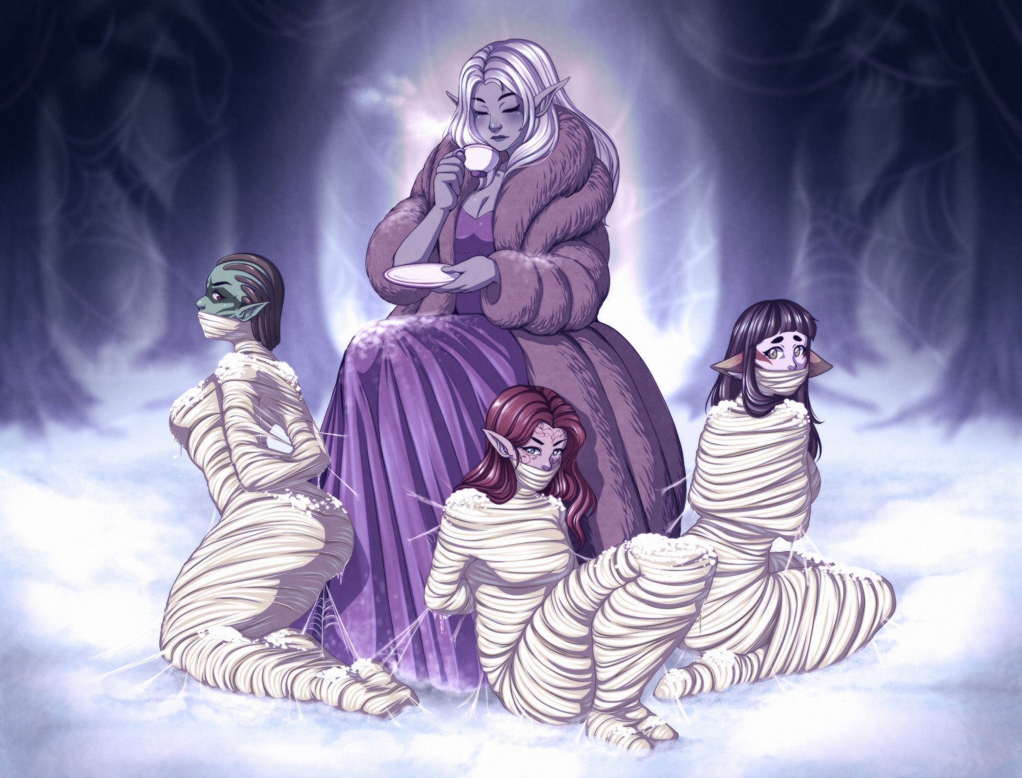 Shi'nanna sits in an elevated position, wearing a fine purple dress with a luxorious fur overcoat, while holding a cup of tea and looking content. Around her, Ash, Rhuna and Yuuka are wrapped from foot to mouth in golden spider webbing cocoons. Around them all is a snow-covered forest, with webs spanning between the trees in the background.