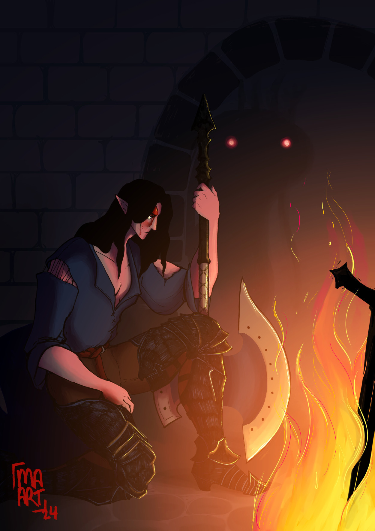 the artist's original character, Isaudorel, is sitting by a bonfire and leaning on his axe. His clothes are torn and he has blood on his face. He is in a stone-walled dungeon. Through an arched doorway, a shadowy beast with glowing eyes can be seen.