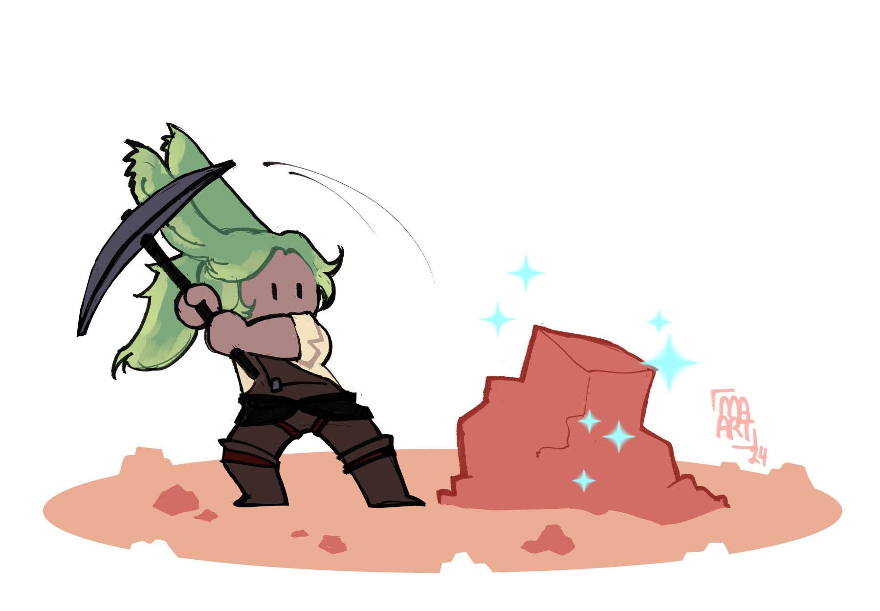 the artist's original character, Clover, is posed with a mining pick raised above her head, poised to strike the rock in front of her. The rock is surrounded by sparkles, indicating that this is a gathering node.