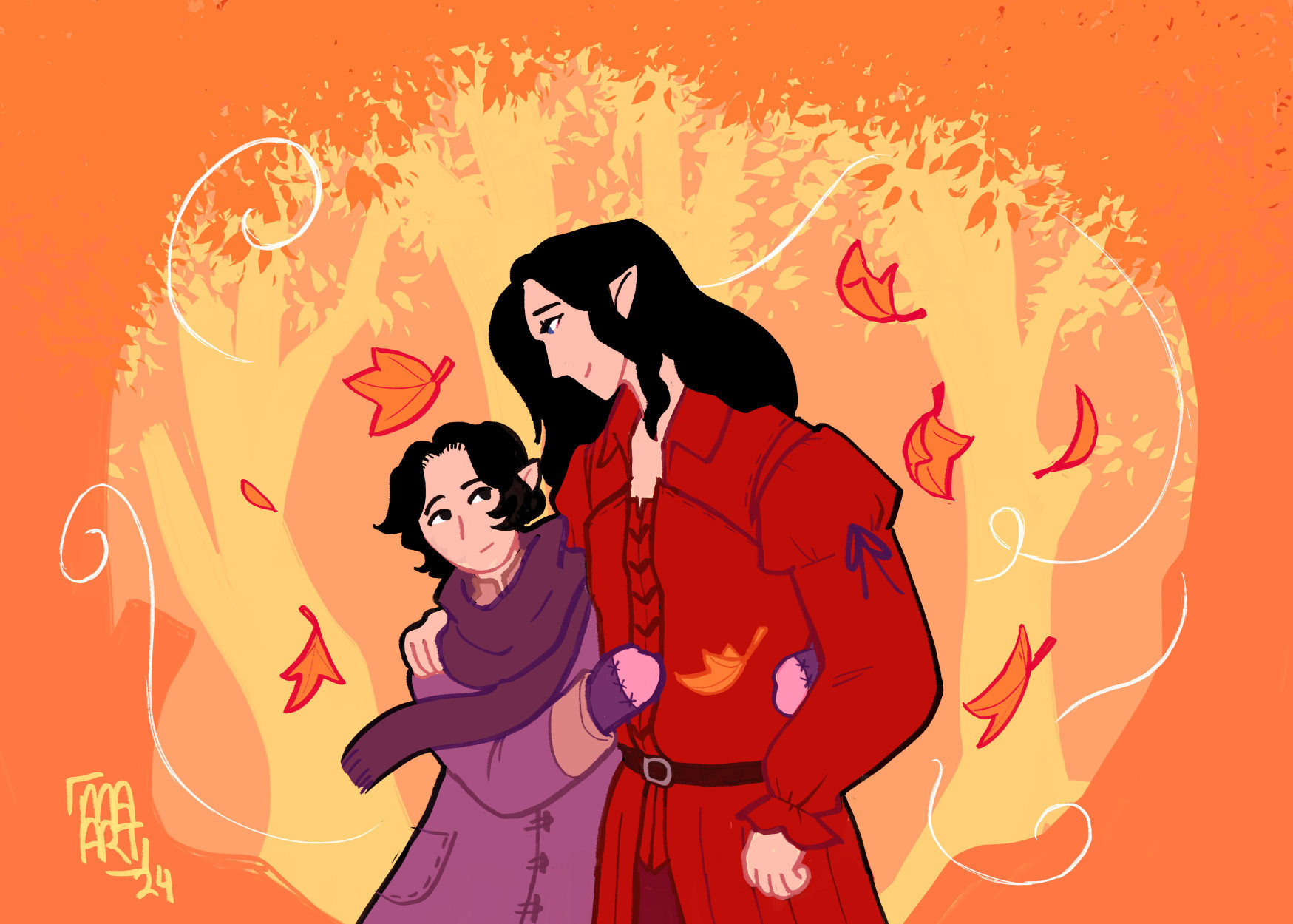 The artist's original character, Cessalie, and Artoirel de Fortemps from the video game Final Fantasy 14 are walking along with their arms around each other's shoulders/back. The background is a series of trees in silhouette, in autumn colours. Around them, several falling leaves are blowing about on the wind.