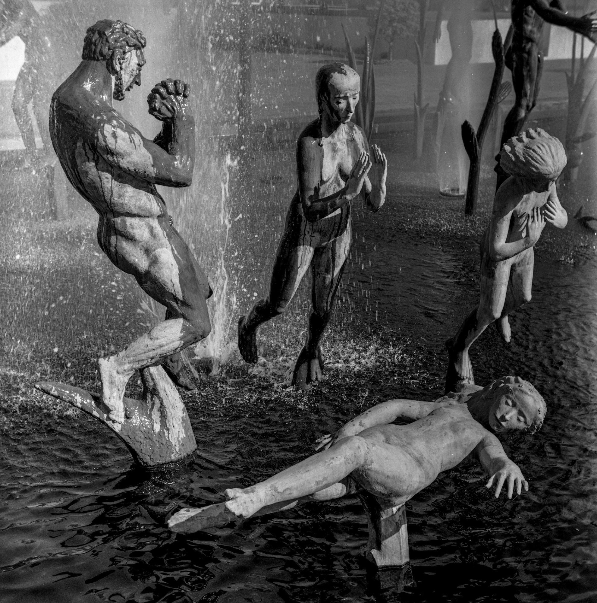 Fountain of Faith by Swedish sculptor Carl Milles. National Memorial Park, Falls Church, VA - 4/1982. This powerful ensemble is even more meaningful after learning the artist based his models on actual people that he knew before their death. It depicts the afterlife.