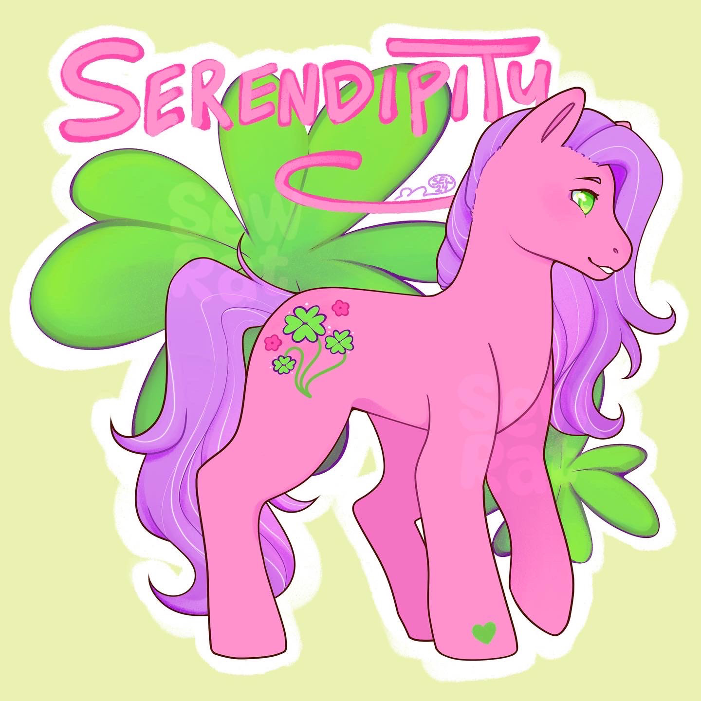 Serendipity is a light hot pink pony with lavender hair that has silver streaks through it. She has lime green eyes and her cutie mark is three green four leaf clovers. She has a green heart on her front most leg. 
The background is a pale yellow with two more four leaf clovers behind her, as well as her name, Serendipity, written in pink blocky letters. 

Serendipity is a G3 my little pony character who does not appear in the show, however she is seen in “The butterfly hunt” book alongside Sparkleworks