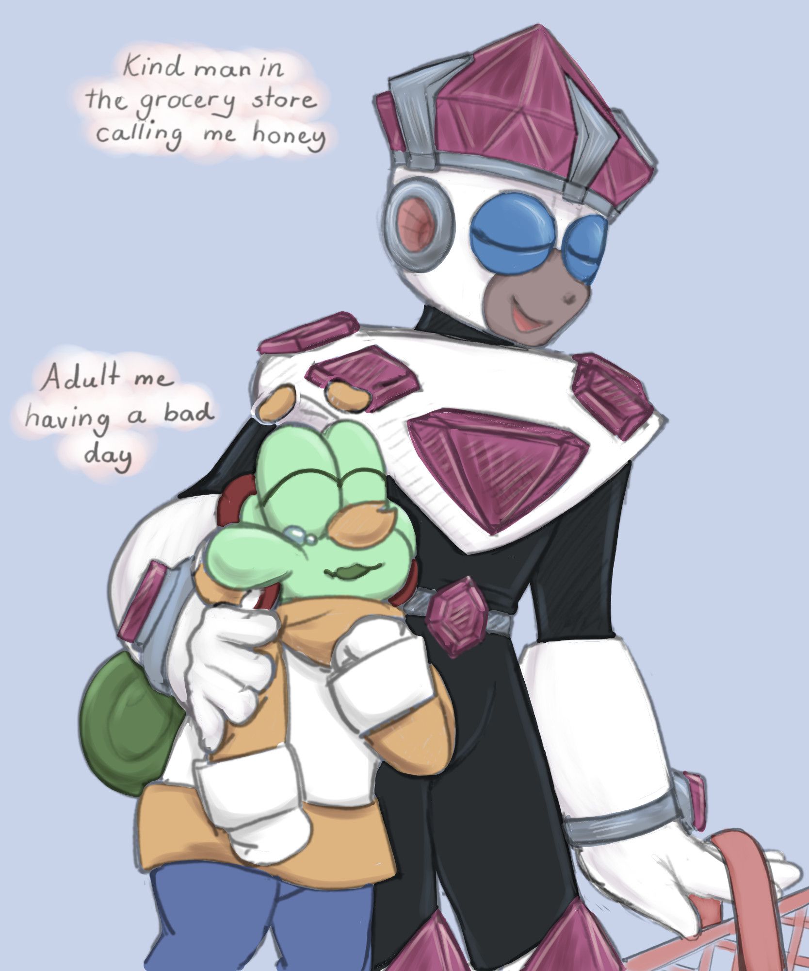 Spike (my oc) and Jewel Man from Megaman. Jewel Man is holding Spike under his arm, comfortingly. The text next to Jewel says: Kind man in the grocery store calling me honey". Text next to Spike says "Adult me having a bad day".