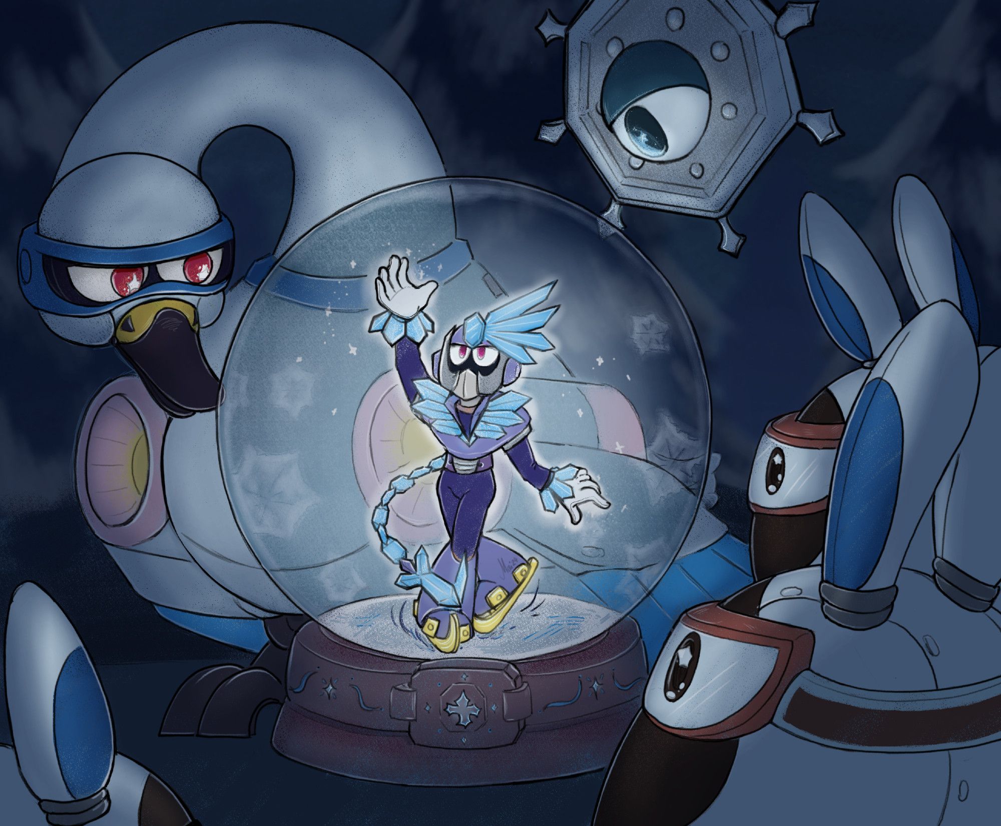 Megaman Robotmaster Tundra Man in an snowglobe with robot critters from his stage surround him, watching him skate in it. The athmosphere is cold as it is in his stage. There are trees covered in snow in the background.