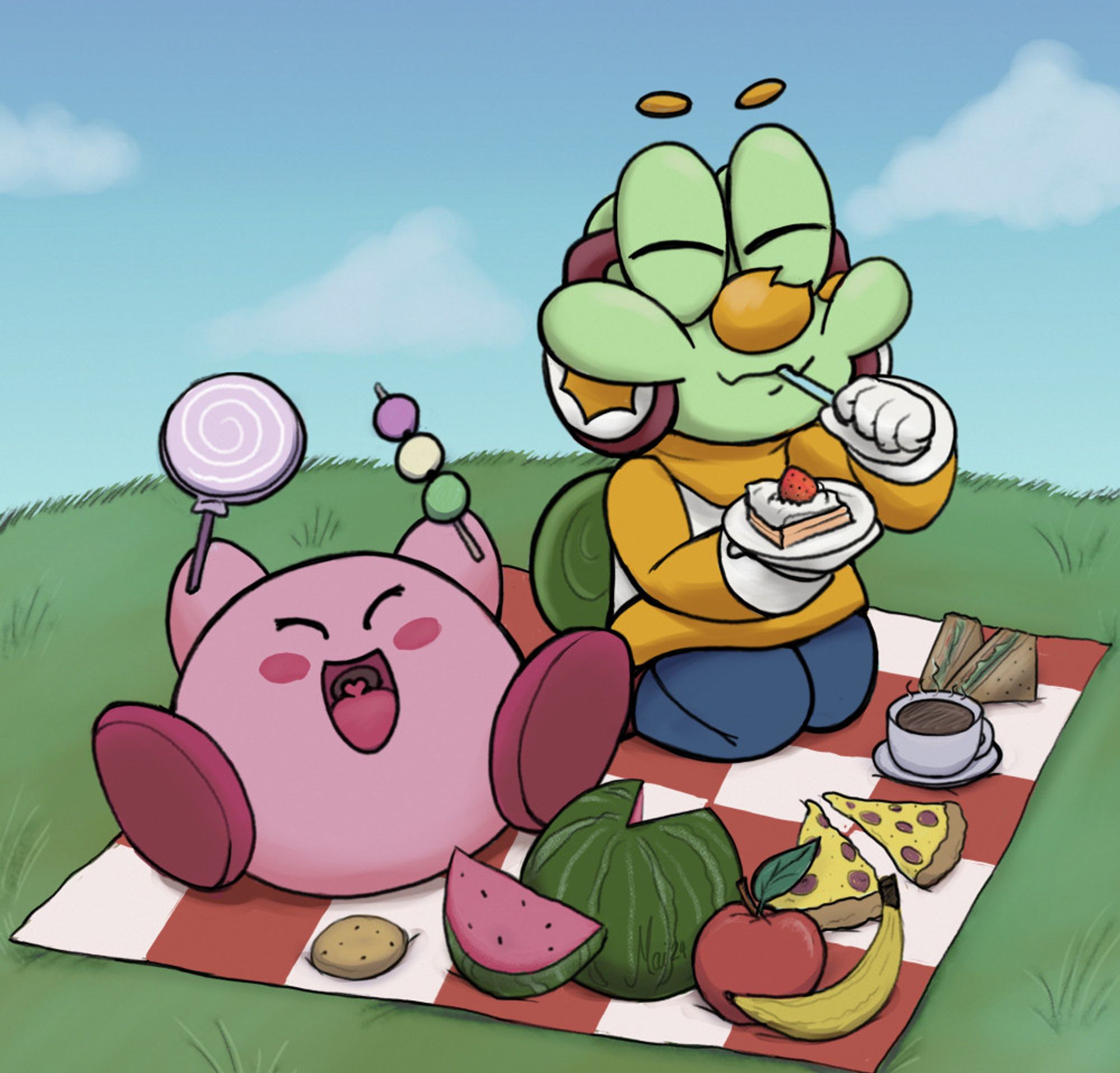 Kirby and my OC Spike having a picnic outside. It's sunny out. There are various treats such as cake, lollipop, dango, watermelon, cookie, apple, banana, pizza, coffee and sandwiches. Spike is enjoying the cake slice, spoon in his mouth. Kirby is holding a lollipop and dango, looking super excited.