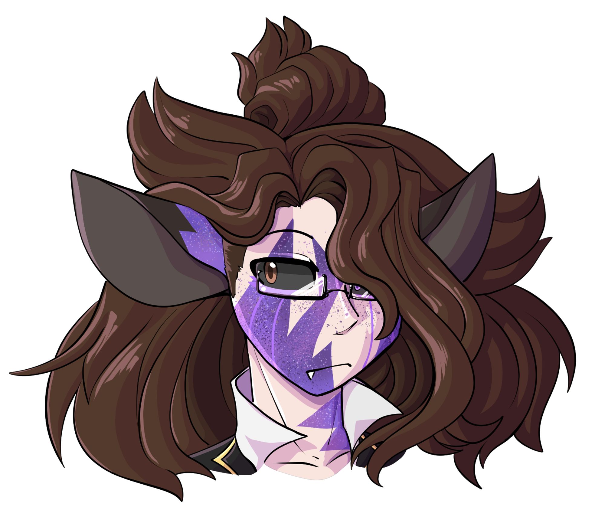 headshot of a character looking towards the viewer. They have flowing brown hair and pale skin, with markings across their face with space textures across them. They have animalistic ears and fangs, their sclera dark and their eyes two different colors.