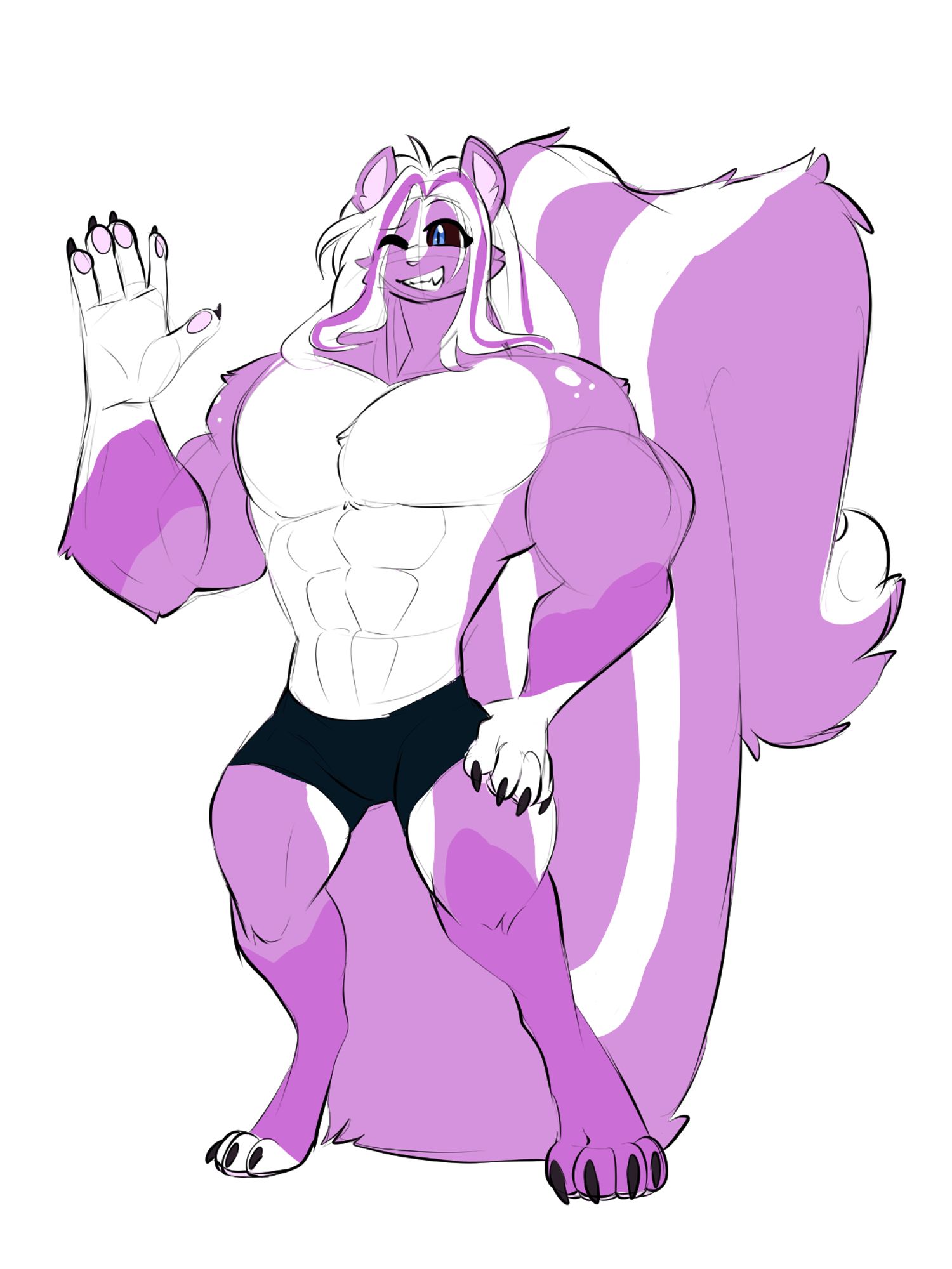 large, muscular anthropomorphic skunk with pink and white fur and long white hair. He is looking forward, waving towards the viewer with a happy expression