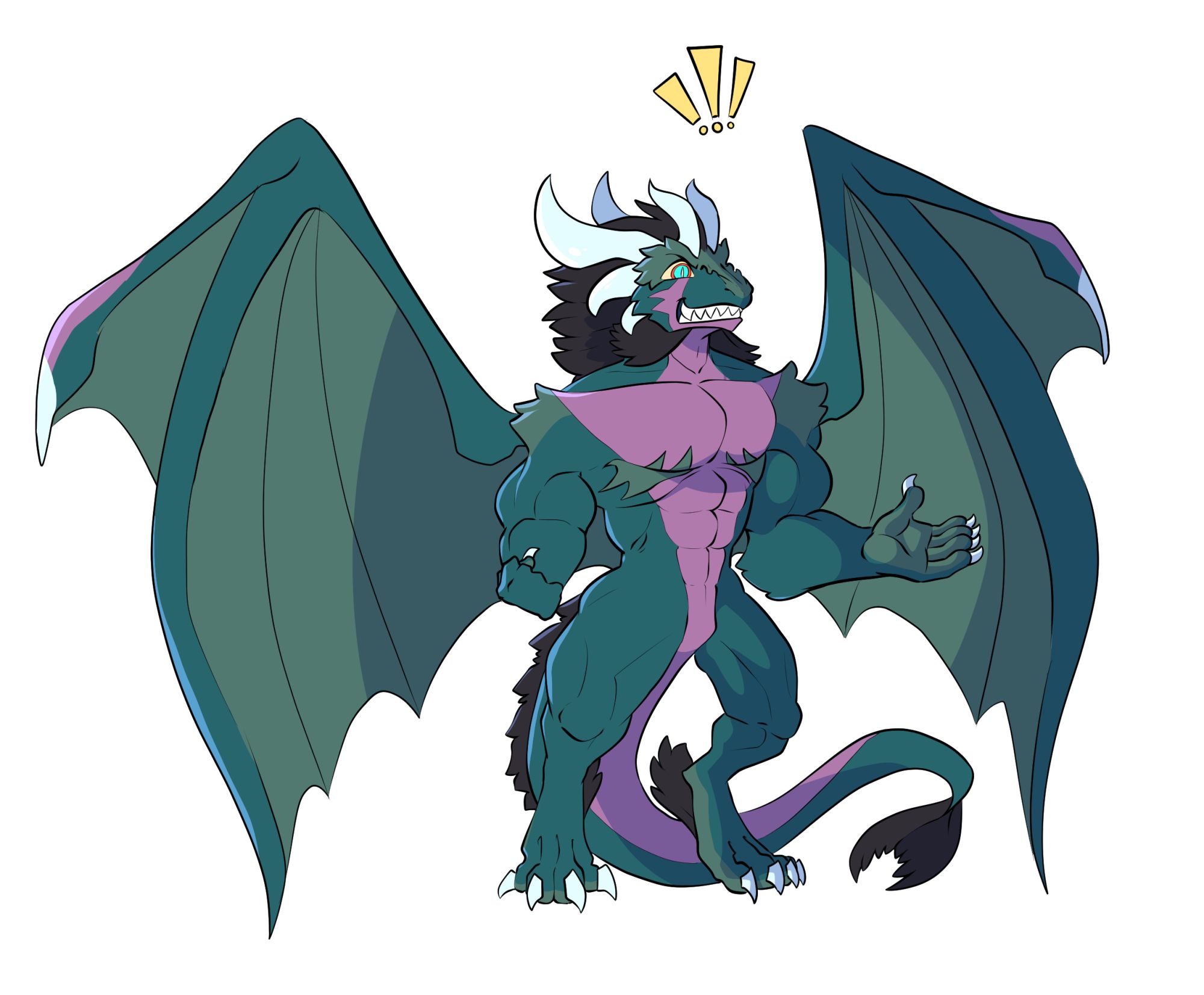 muscular, anthropomorphic dragon character with dark teal and light purple scales. He has several horns adorning his head and a mane of dark fur going down his neck. He is grinning with sharp teeth, showing either happiness or excitement at something off screen