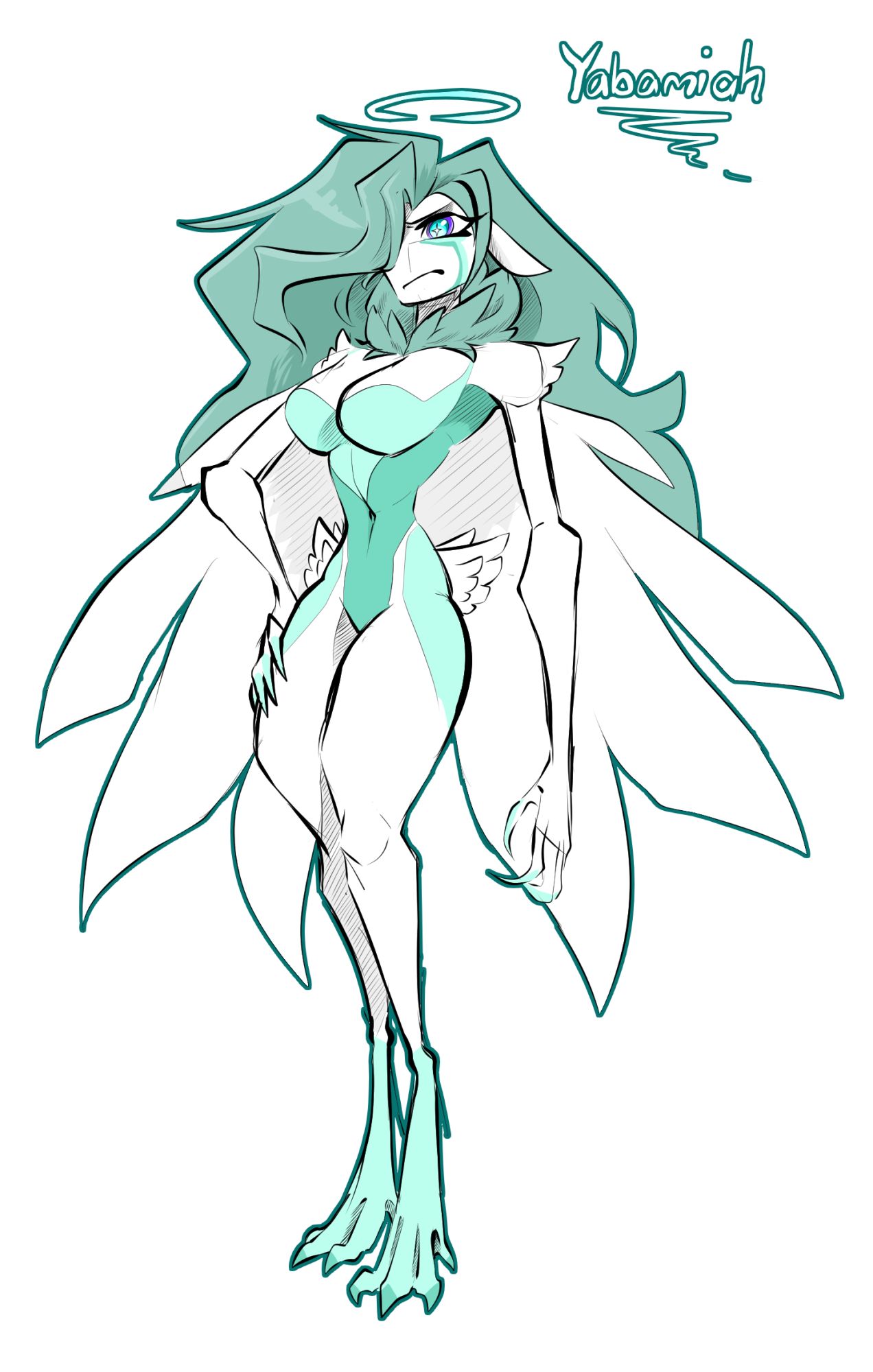 angelic character whose palette is mostly white with teal markings, her long hair being a darker teal. She has a hand on her hips and is looking to the side with a serious expression