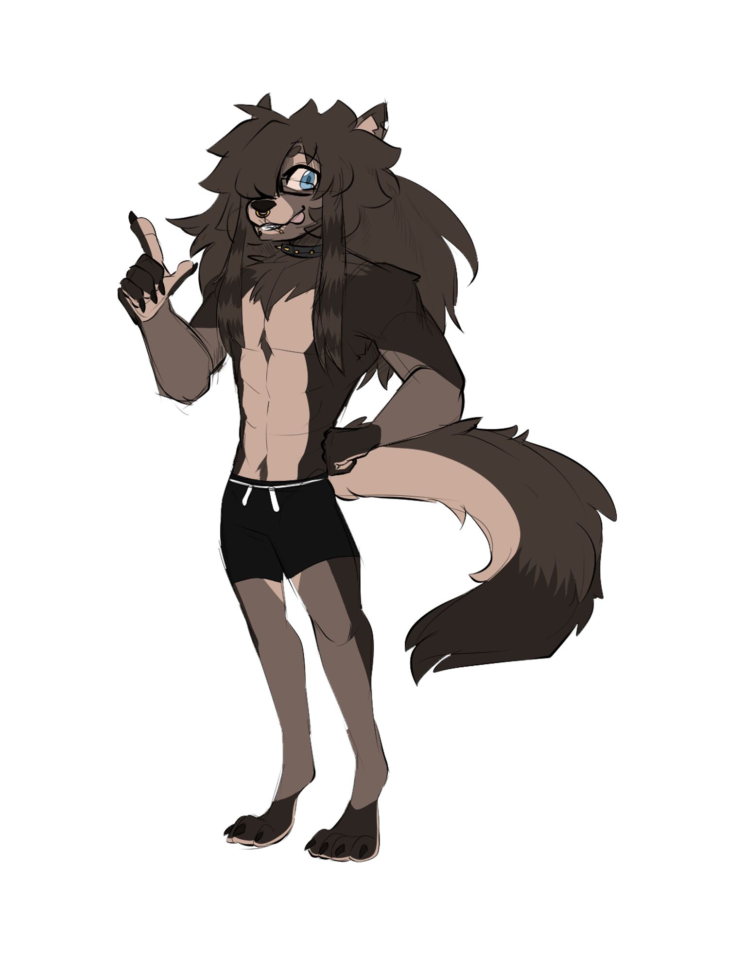 Anthropomorphic dog character wearing black swim trunks. He is covered in various shades of brown fur, and is looking at the camera with a casual pose