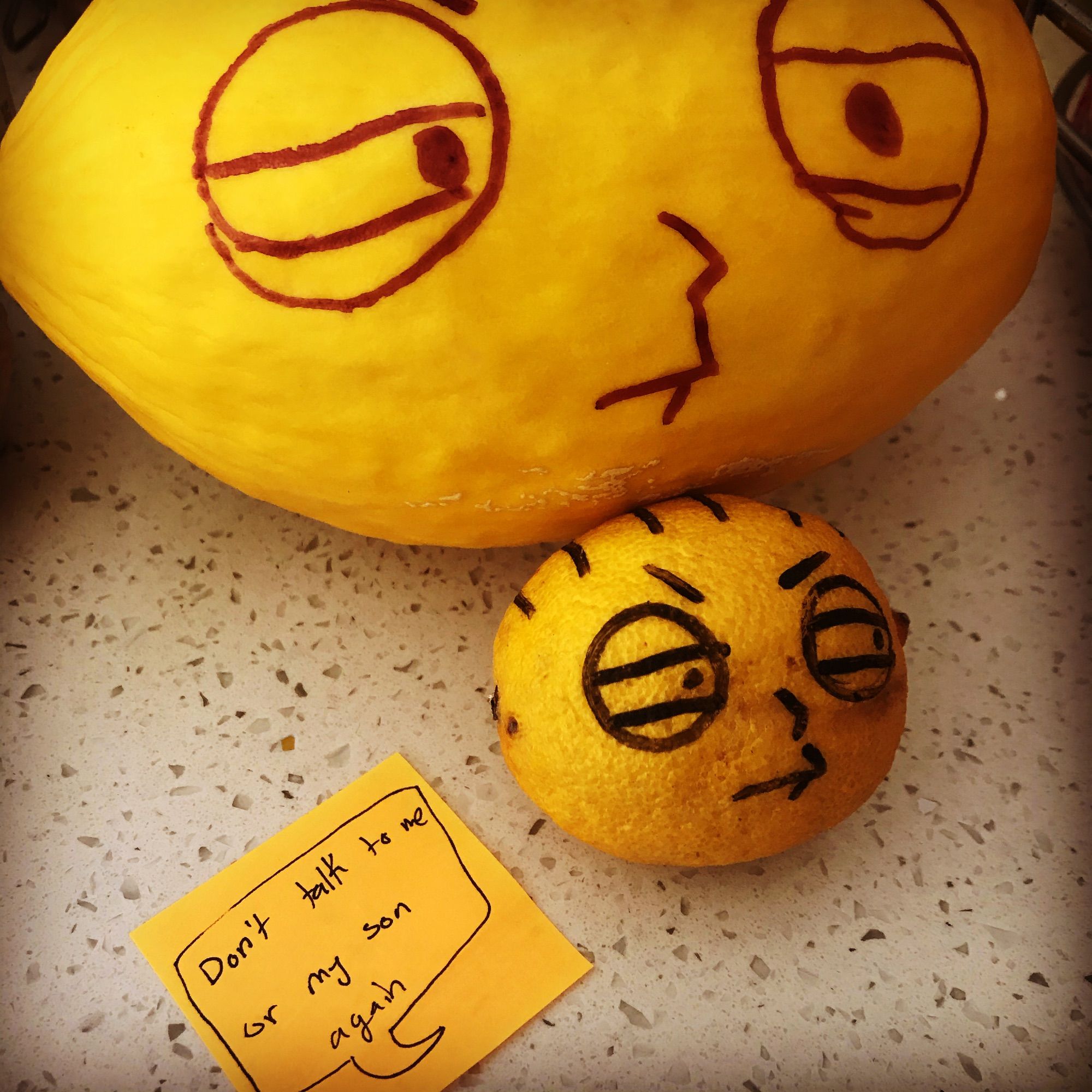 A yellow melon and a half-dried lemon. Identical faces are drawn on both of them. Someone has used a yellow sticky note to write a speech bubble, which reads: Don't talk to me or my son again.