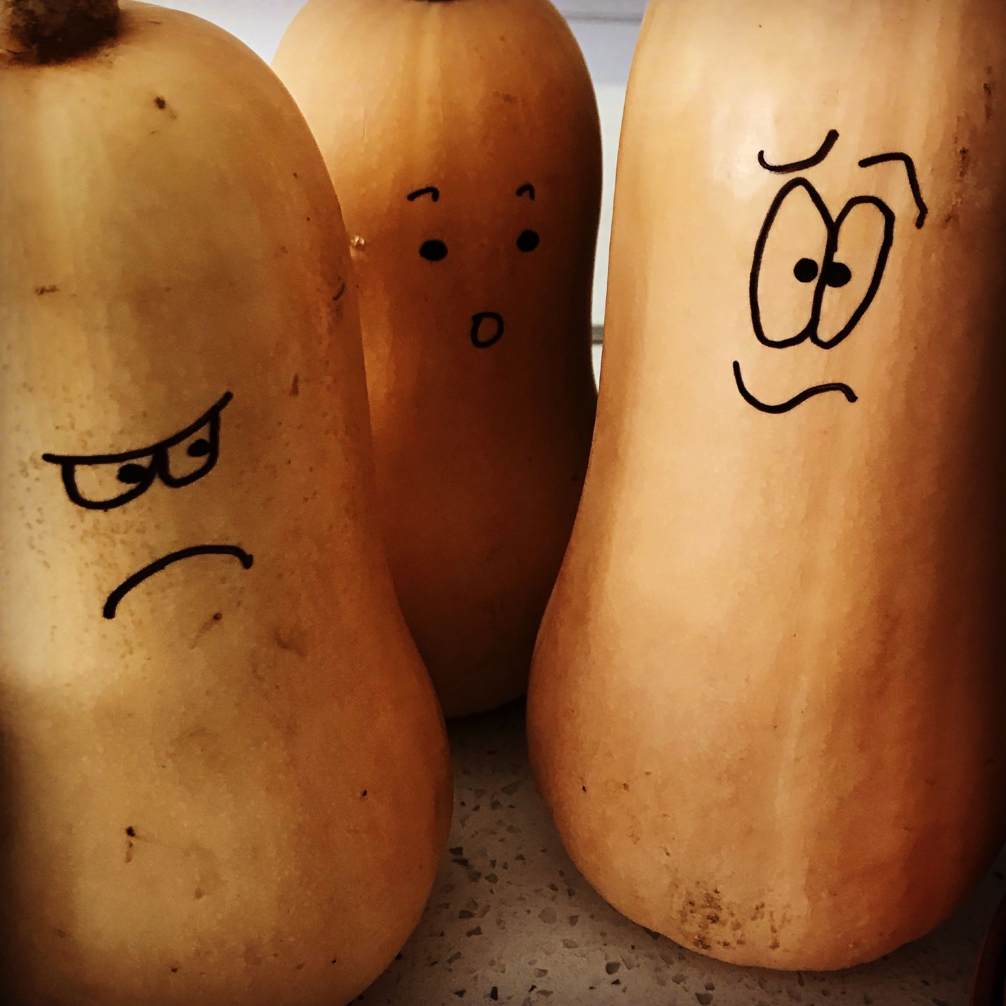 Three butternut squash with faces drawn on them, using different expressions. From left to right is Angry Side-Eye, Surprised with Open Mouth, and Frazzled and Confused.