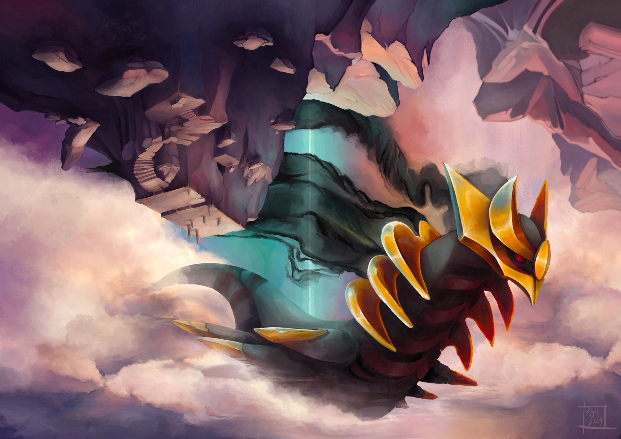 An updated painting of Giratina soaring through the Distortion World, this time surrounded by pastel soft clouds, a beam of teal light and an inverted Mount Coronet