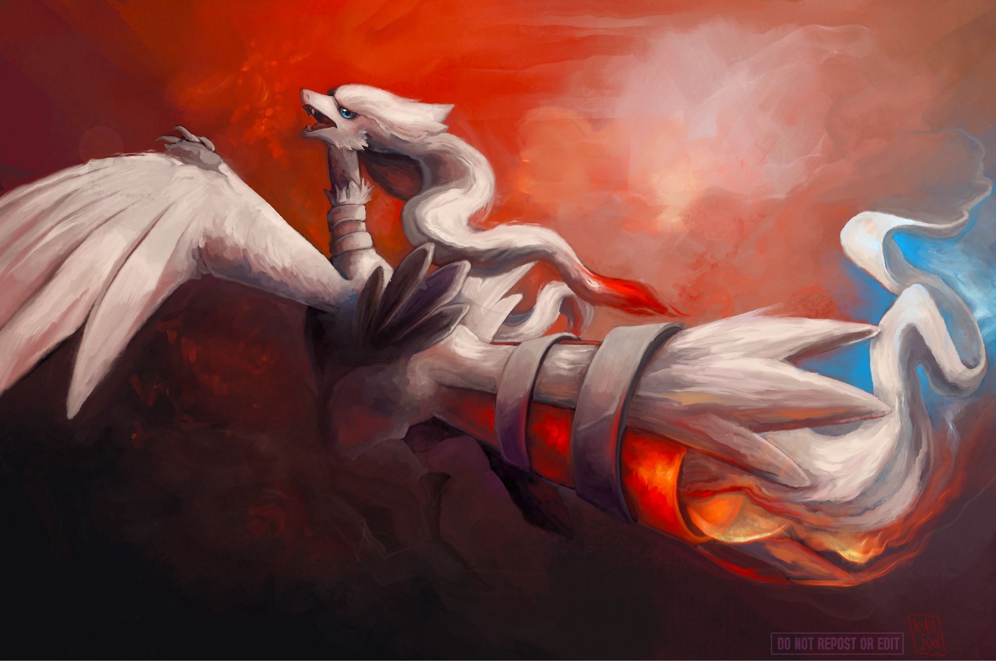 A painting of Reshiram, the Vast White Pokémon flying through a firestorm. The Pokemon is looking over its shoulder and roaring, while its jet engine tail is alight with blue and orange flames