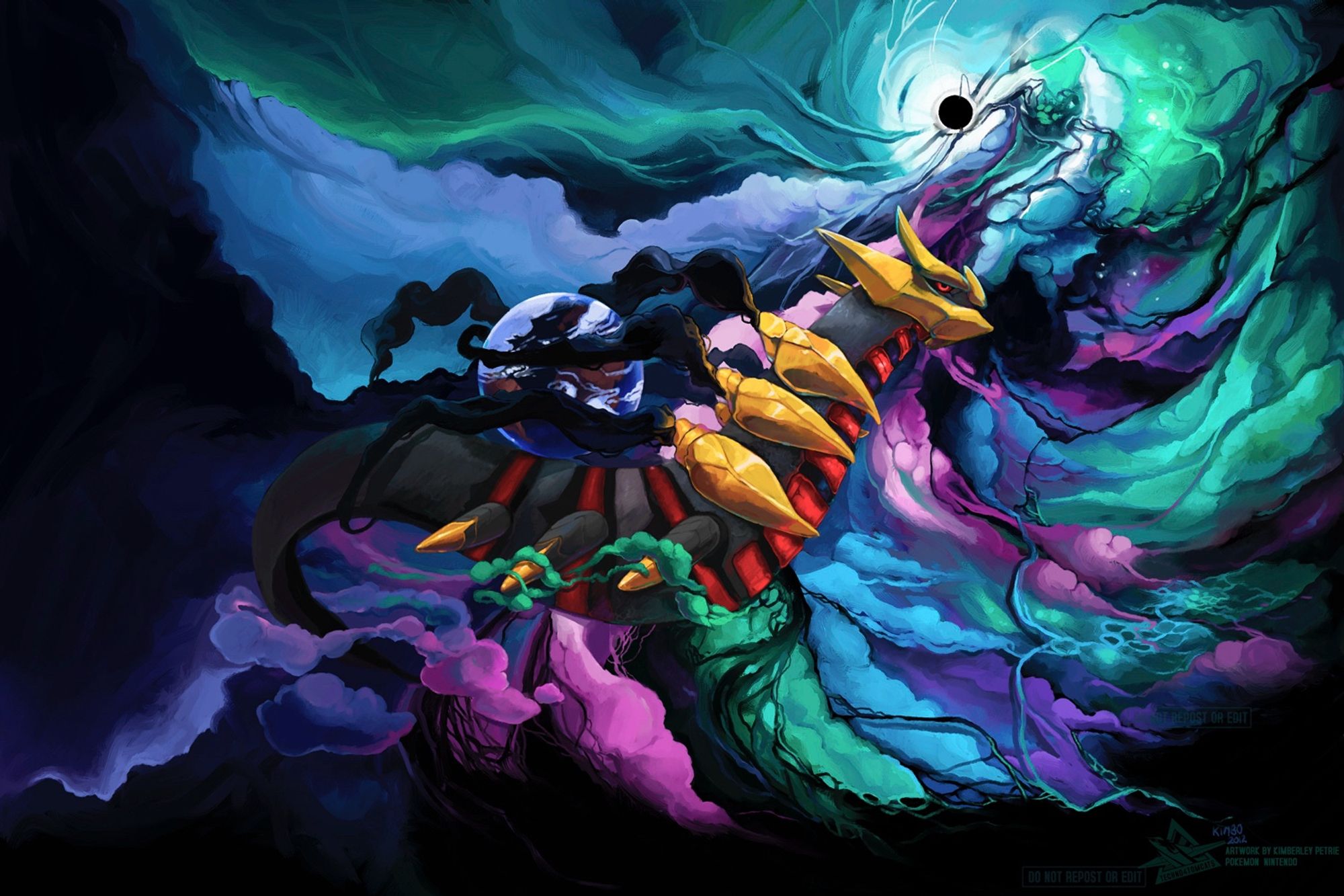 A painting from 2012, of Giratina the Antimatter Pokemon, soaring through a turbulent whirlwind of coloured gasses being drawn into a ‘black sun’. The Earth is perched on its back, as a symbol of the fact the Distortion World it was banished to, supports the ‘real’ World.