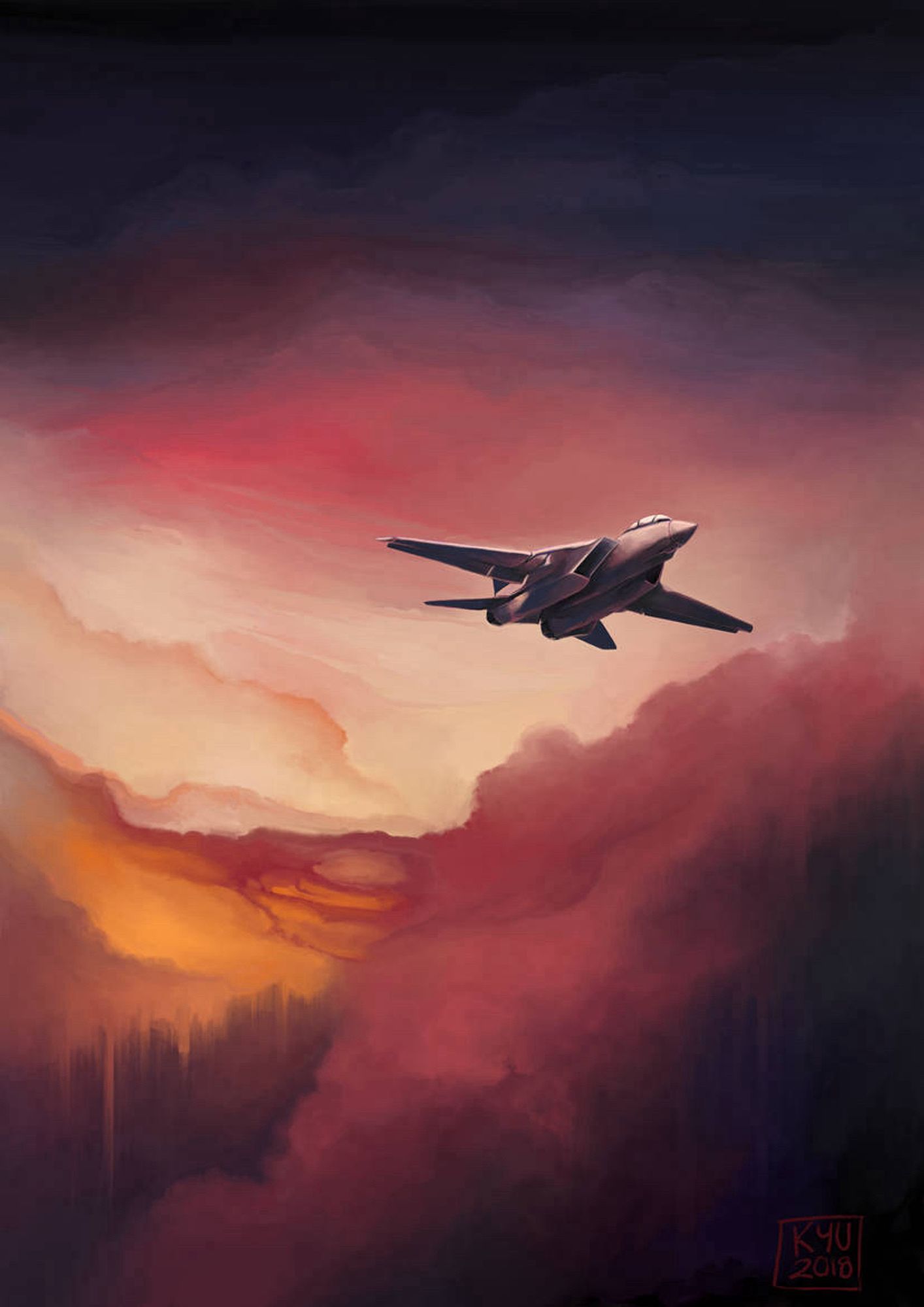 A painting of a rich, red, pink and gold sunset, fading into night time. Off center is an F14 Tomcat fighter jet, seeing almost melancholy.