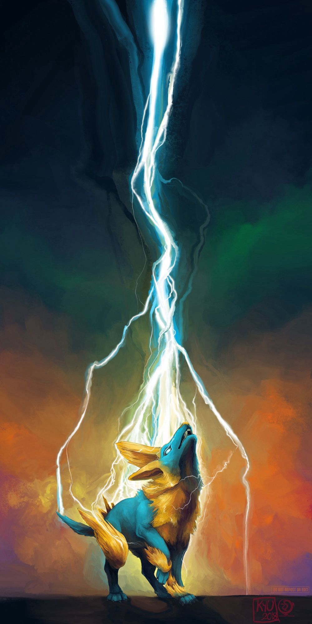 Image of a Pokemon, the electric hound Manetric howling at the sky. The sky is rainbow hued with a bright lightning bolt tearing through the middle of the painting and striking the Pokemon