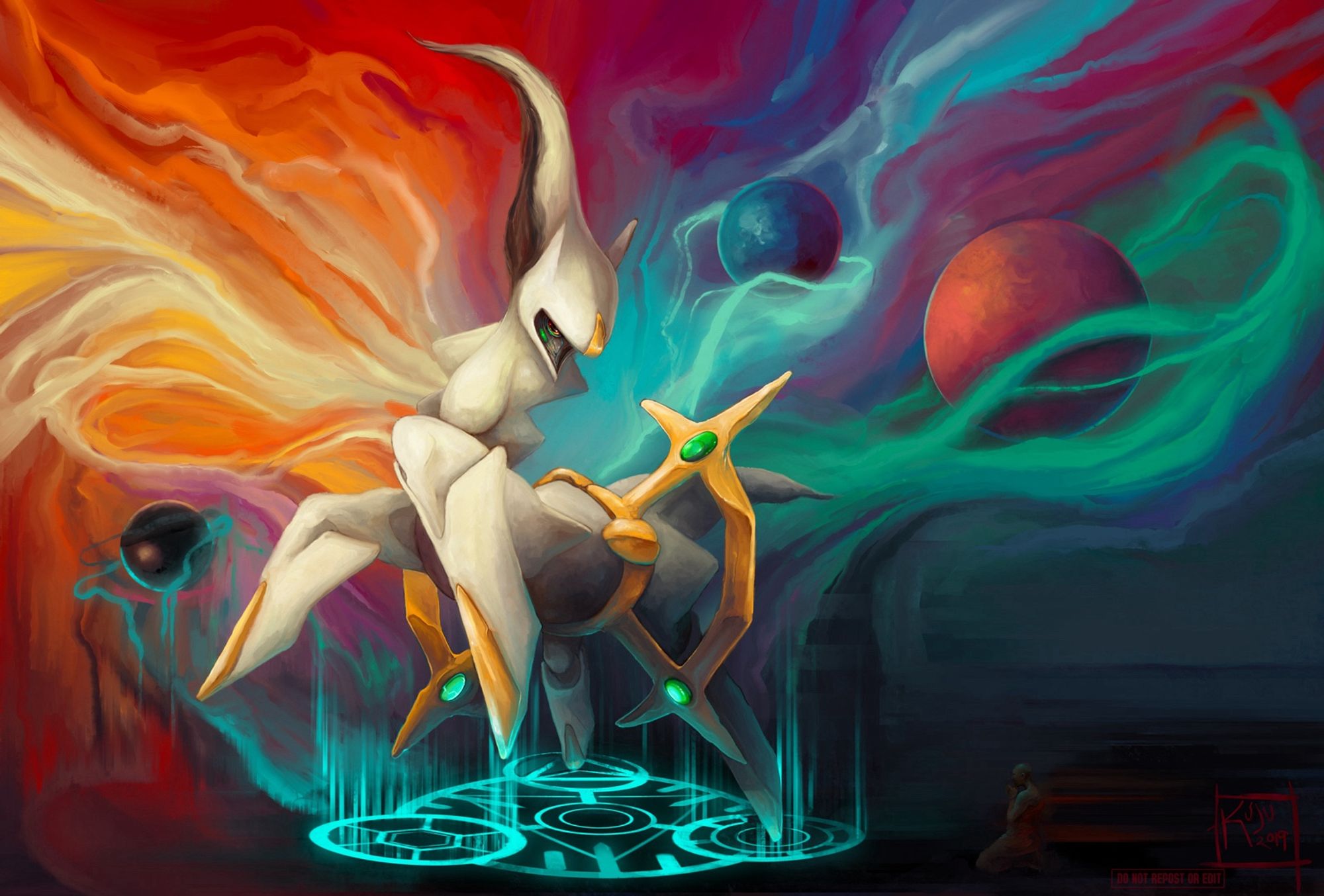 A painting of Arceus, the Alpha Pokemon in a swirl of primordial rainbows. At his feet, there is a geometric pattern glowing with energy, while a human prays in the shadows. There are three spheres, each one representing a Legendary Pokemon. One is pink and purple, representing Palkia, Lord of Space. One is blue and purple, representing Diagla, Lord of Time. One is pitch black, representing Giratina, Lord of Antimatter.