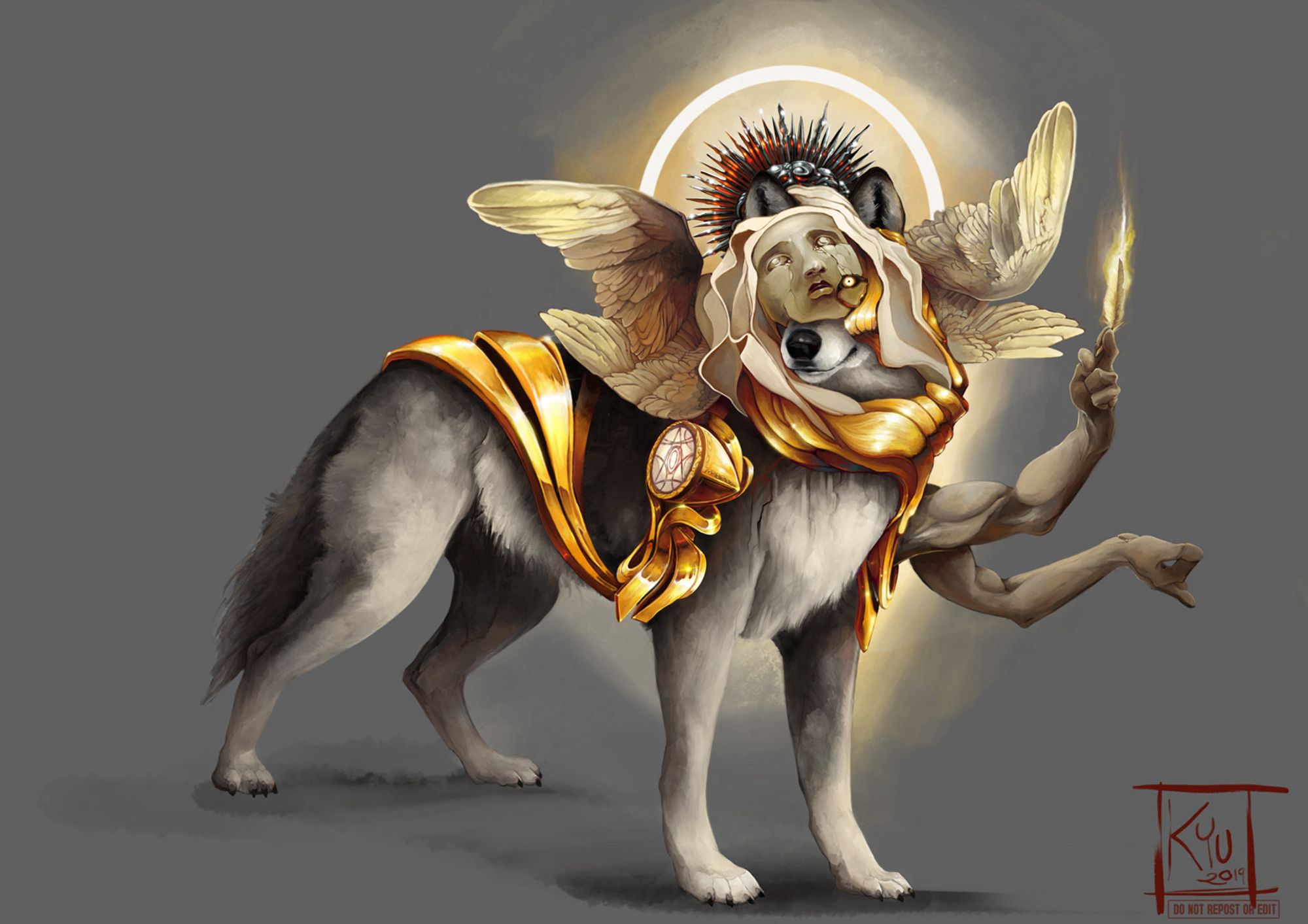 A painting of a heavenly wolf, half its face is covered with a porcelain human face, which is cracked and weeping and covered in a shroud. A silver crown is perched on the head, along with a halo and four small wings. Around the wolf’s neck is a golden robe with two portusions, where two human arms extend out; one is holding a burning feather.