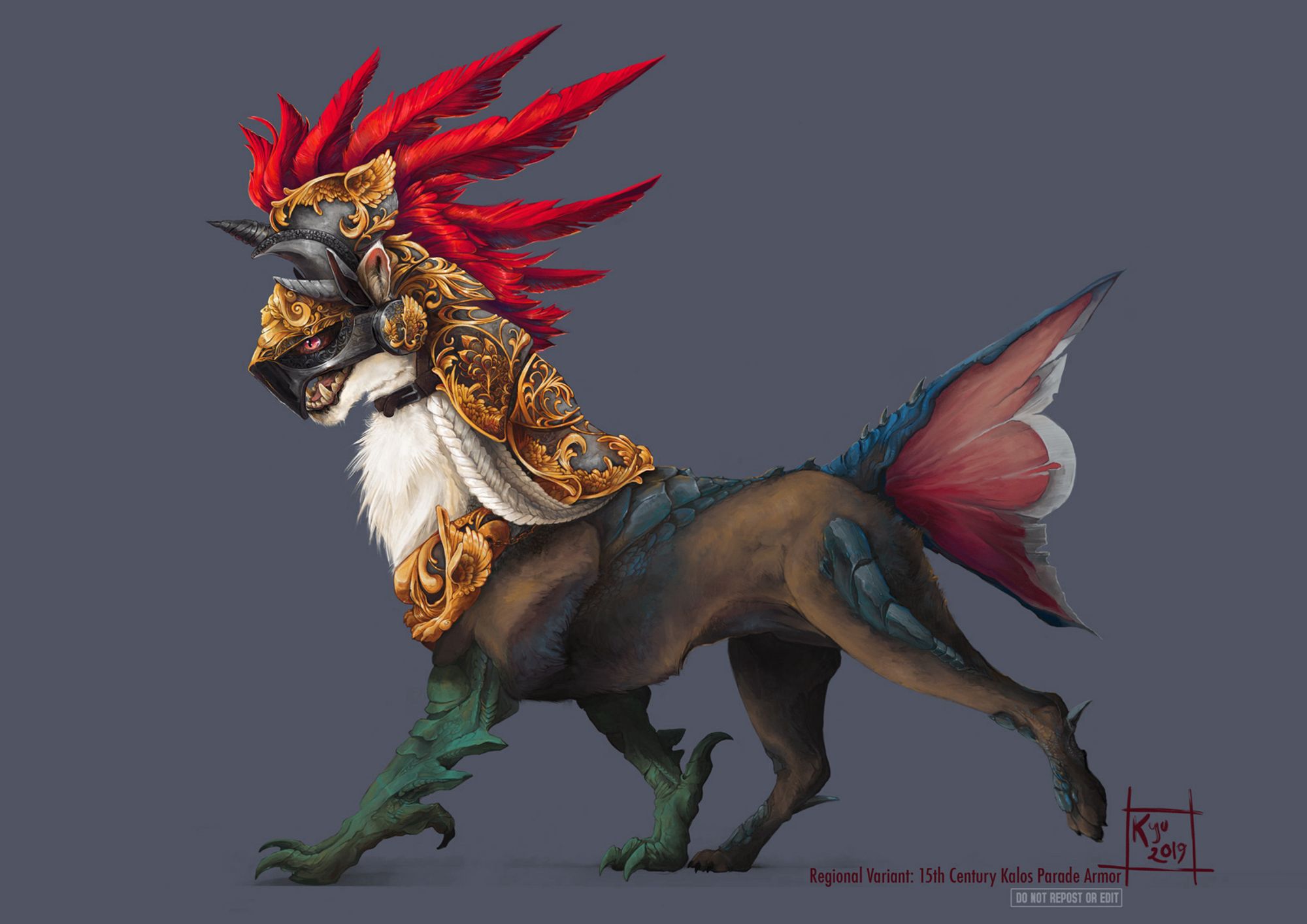 A digital illustration of a realistic Silvally, a chimera Pokemon. It is wearing fancy, filigreed barding armor in gold and iron, which covers its neck and top of the face. It’s feather crest and tail fin are bright red due to having the Fire Memory equipped. The Silvally also has a braid and back scales.