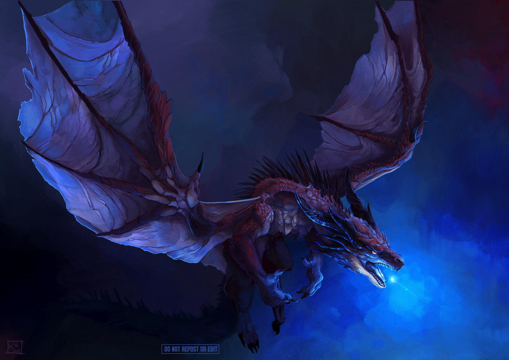 A digital painting of the ‘final boss’ of Monster Hunter: World, Safi’jiva. It is a huge red winged elder dragon, with black, curving horns and spikes. It is wreathed in a unearthly blue glow, as it prepares a breath attack