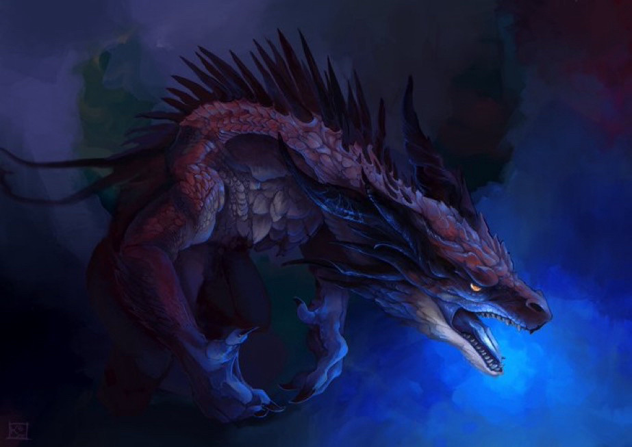 A close up of a work in progress. It is a large red dragon, covered in spikes and horns and backlit by a blue glow 