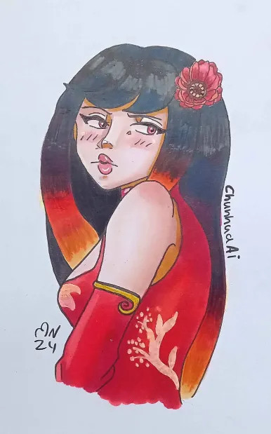 Traditional artwork colored with alcohol markers and colored pencils, it shows a asian woman in a red dress, looking over her shoulder. she has long black hair that ends in a ombre fire look. a Zinnia flower decorates her head.