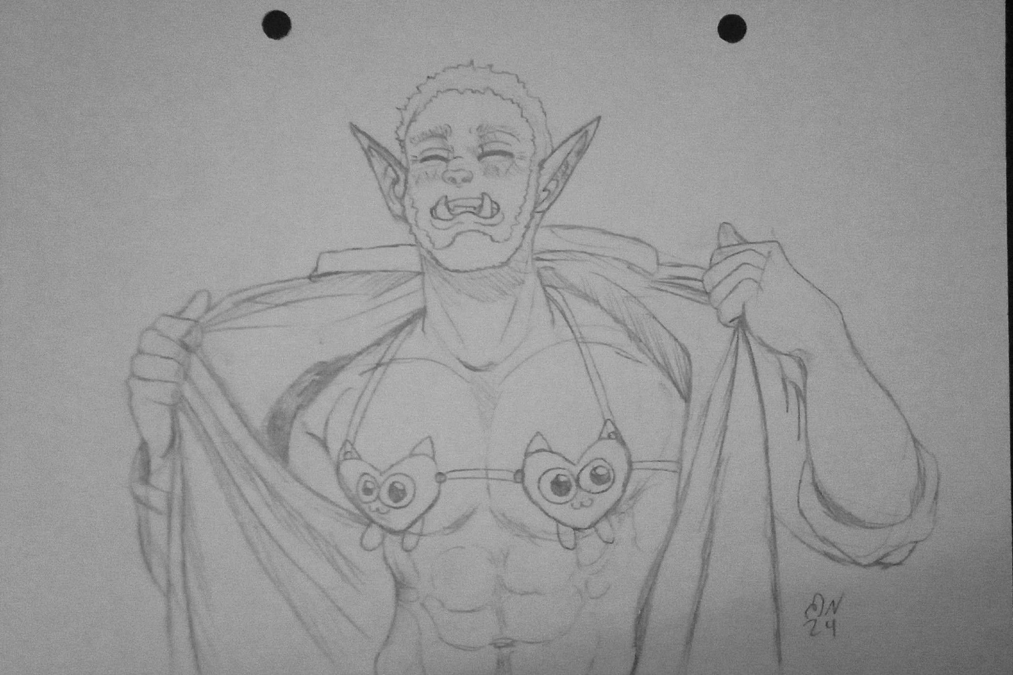 pencil sketch of a cheeky smiling half-orc opening his shirt to reveal a funny looking bikini top of a mascot creature that is shaped like a heart with big goofy eyes, little horns and dangling small feet.