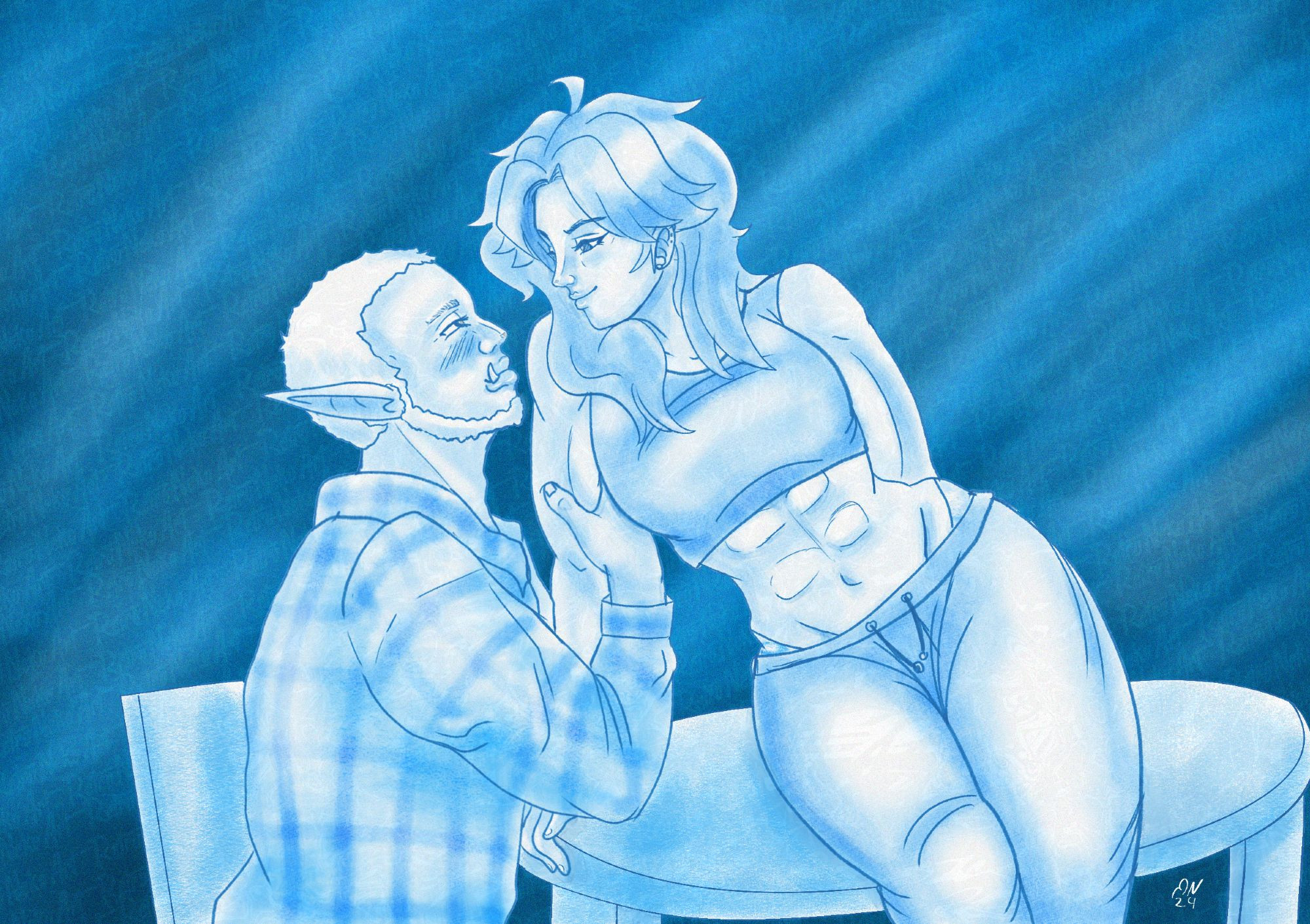 Monochrome Blue picture of a couple looking each other flirtaciouse in the eyes. the woman sits on a table and leans towards the man that looks up to her, holding gently one of her arms. The male is a half orc wearing a flanel shirt and the woman is human wearing sporty attiere that shows her abs.