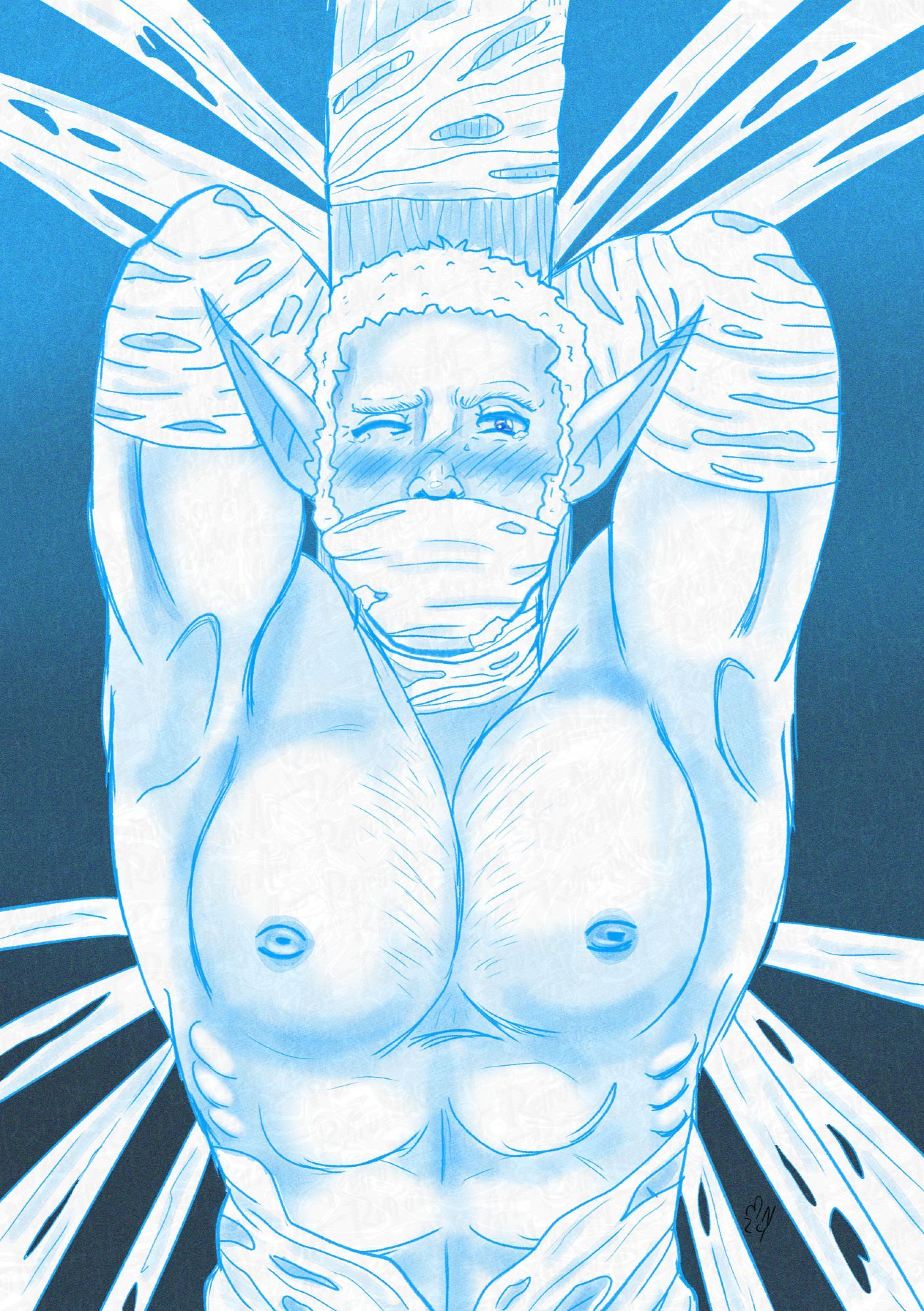 monochrom blue artwork of a half-orc that got tied up against a wood pole with spider webs. his bare chest streches into view