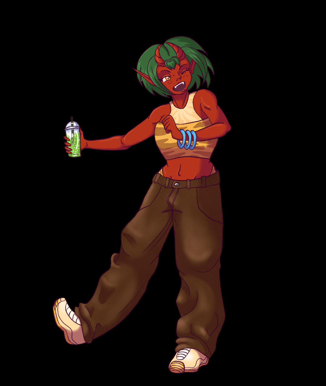 red oni girl with green hair dancing around holding a green drink