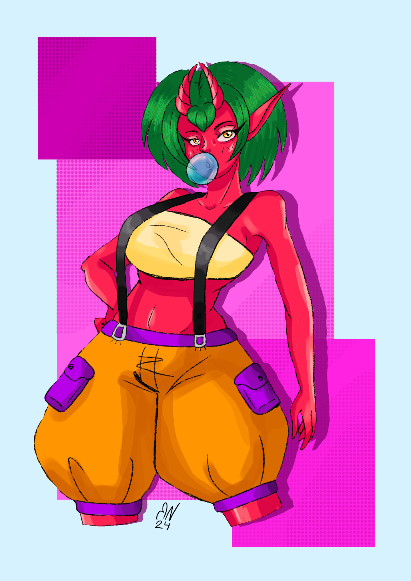 red oni girl with green hair chewing bubble gum