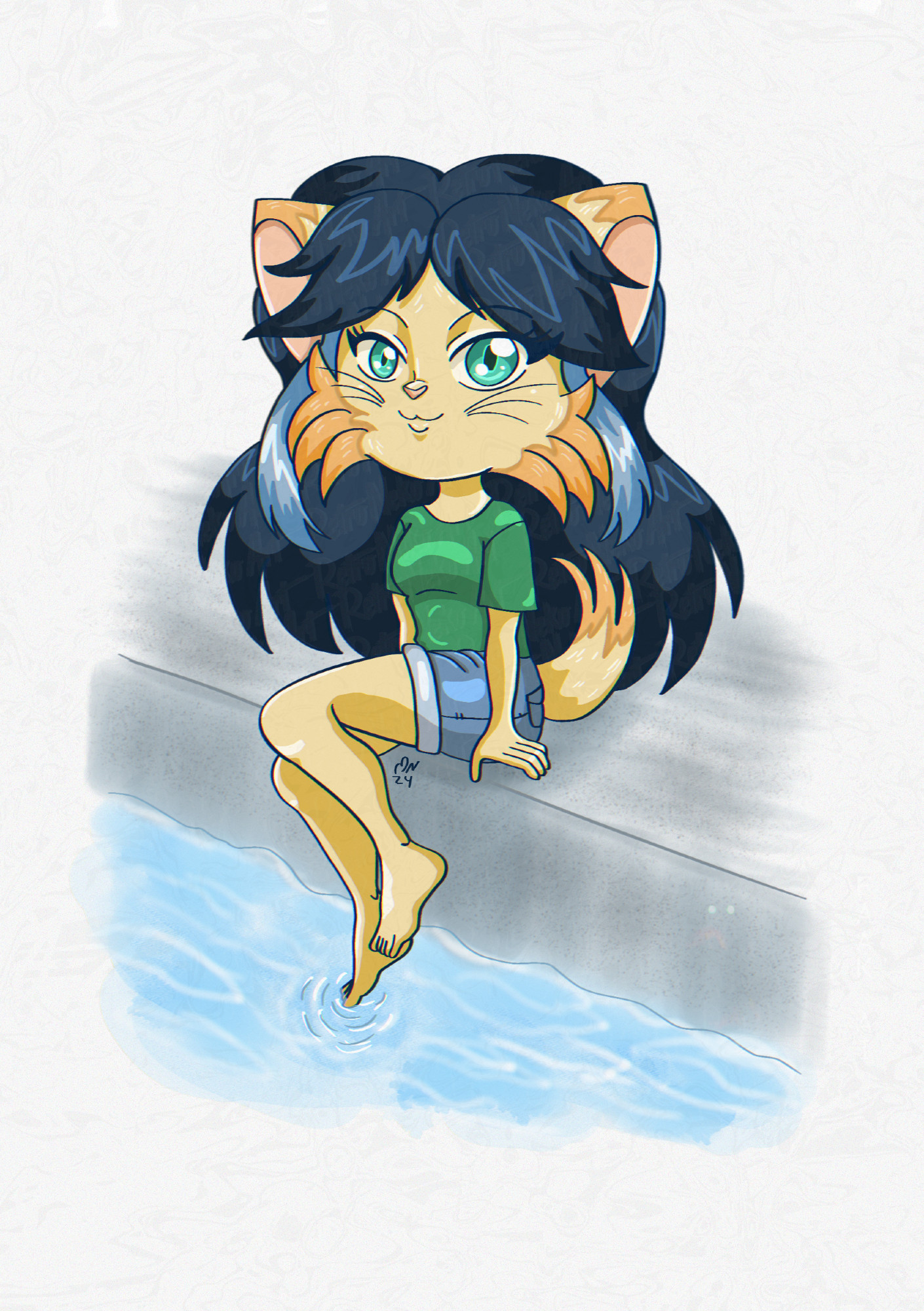 A chibi anthropomorphic cat girl with long blue hair sits on a habor edge , dangling her feet in the water. looking straight at the viewer, gently smiling.