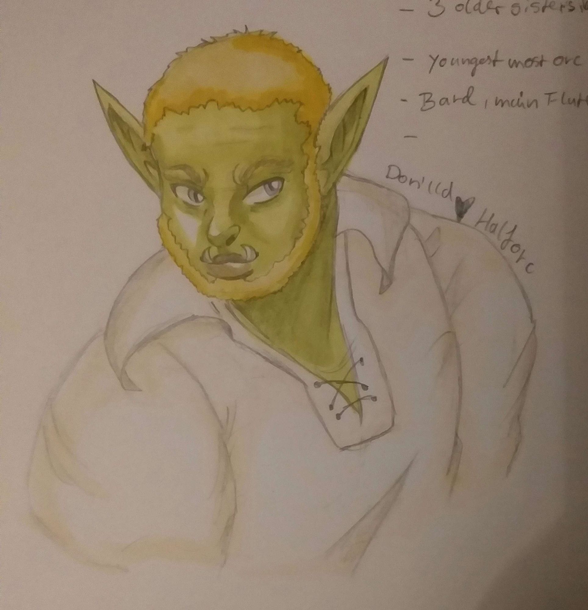 traditional art portrait of a half-orc with short blond hair and a beard