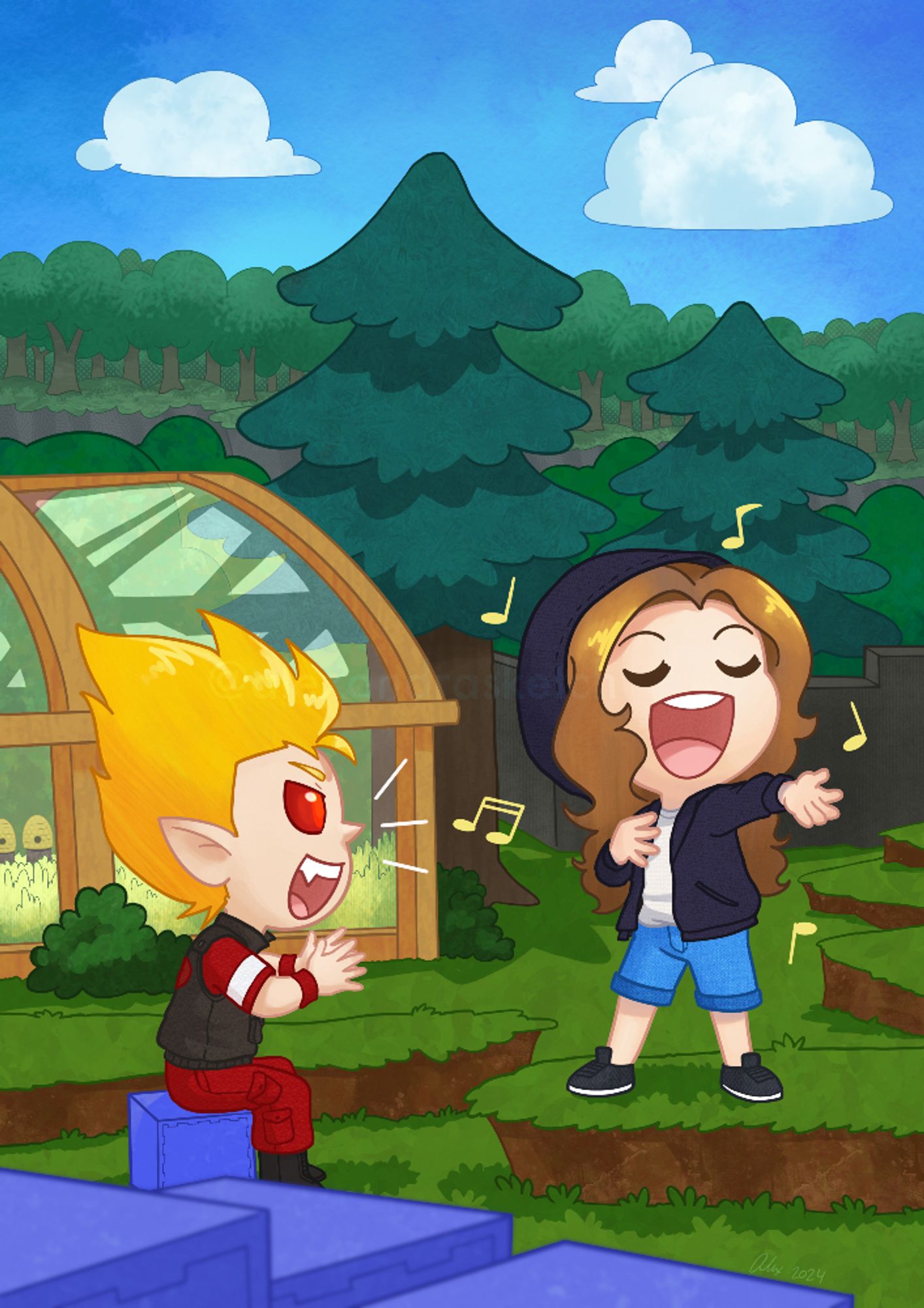 Illustration of Pearlescentmoon singing to TangoTek in a chibi style. Tango is clapping enthusiastically as Pearl sings to him. A greenhouse is in the background, as well as some pine trees and a forest in the distance.