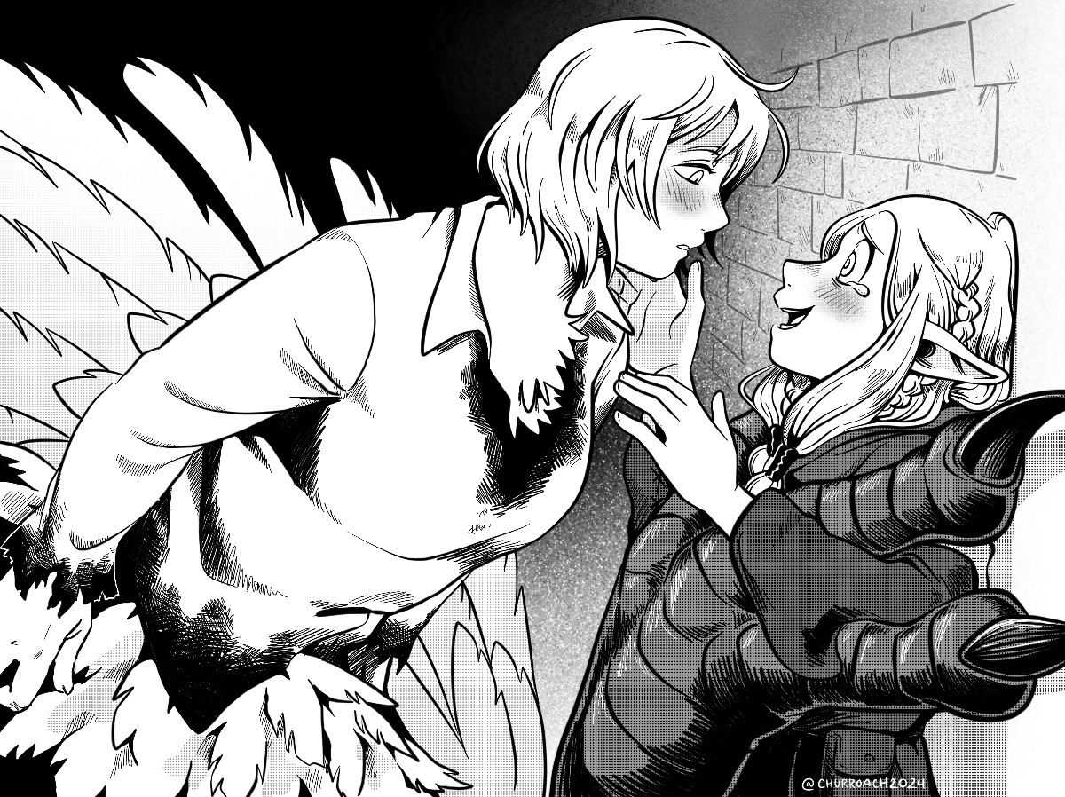 Chimera Falin pining Marcille onto the wall with her big dragon claws. Marcille is trying to reach out and touch Falin’s face. 