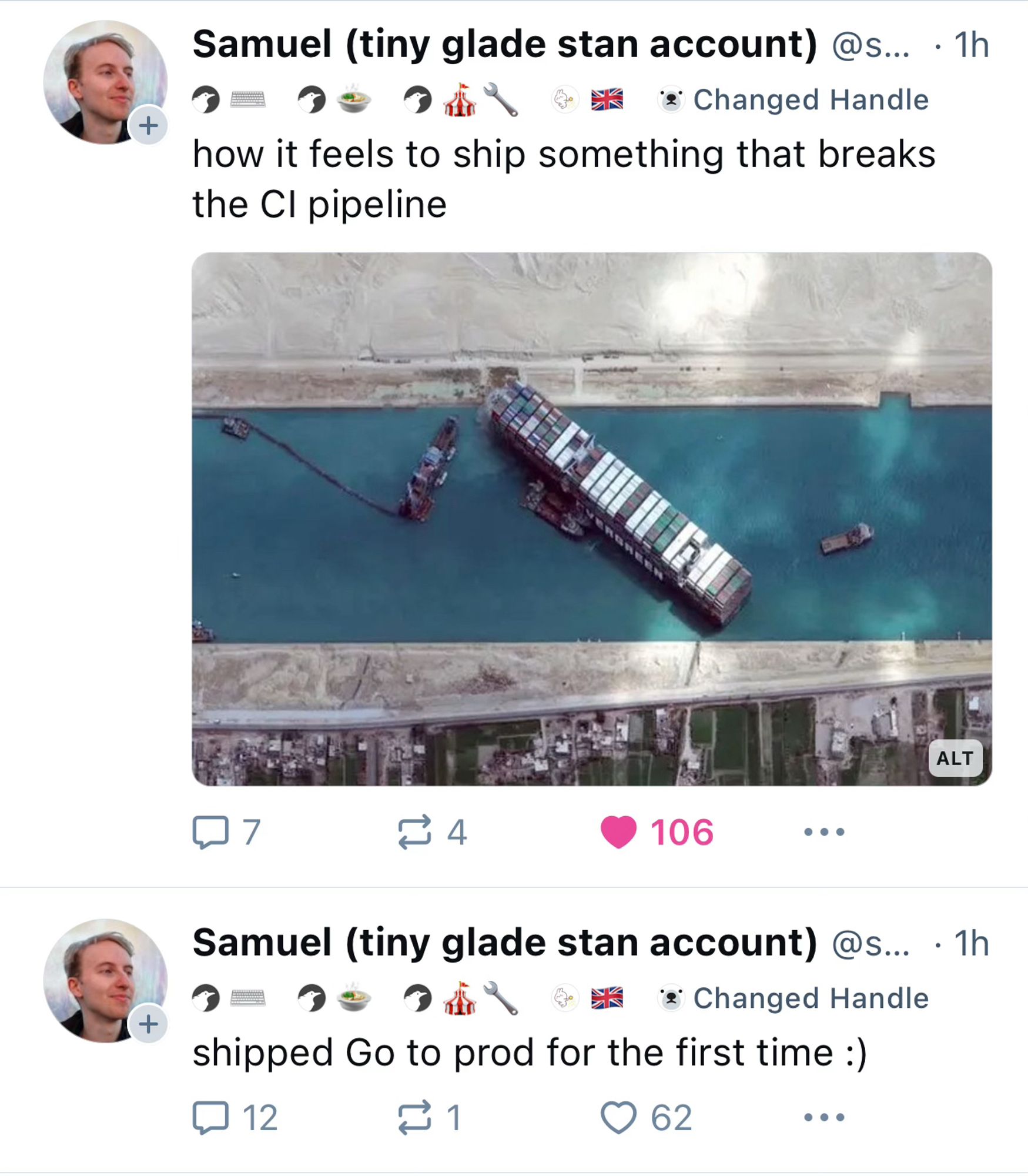 Screenshot of same saying “shipped Go to prod for the first time :)” followed by Sam saying he broke the CI pipeline