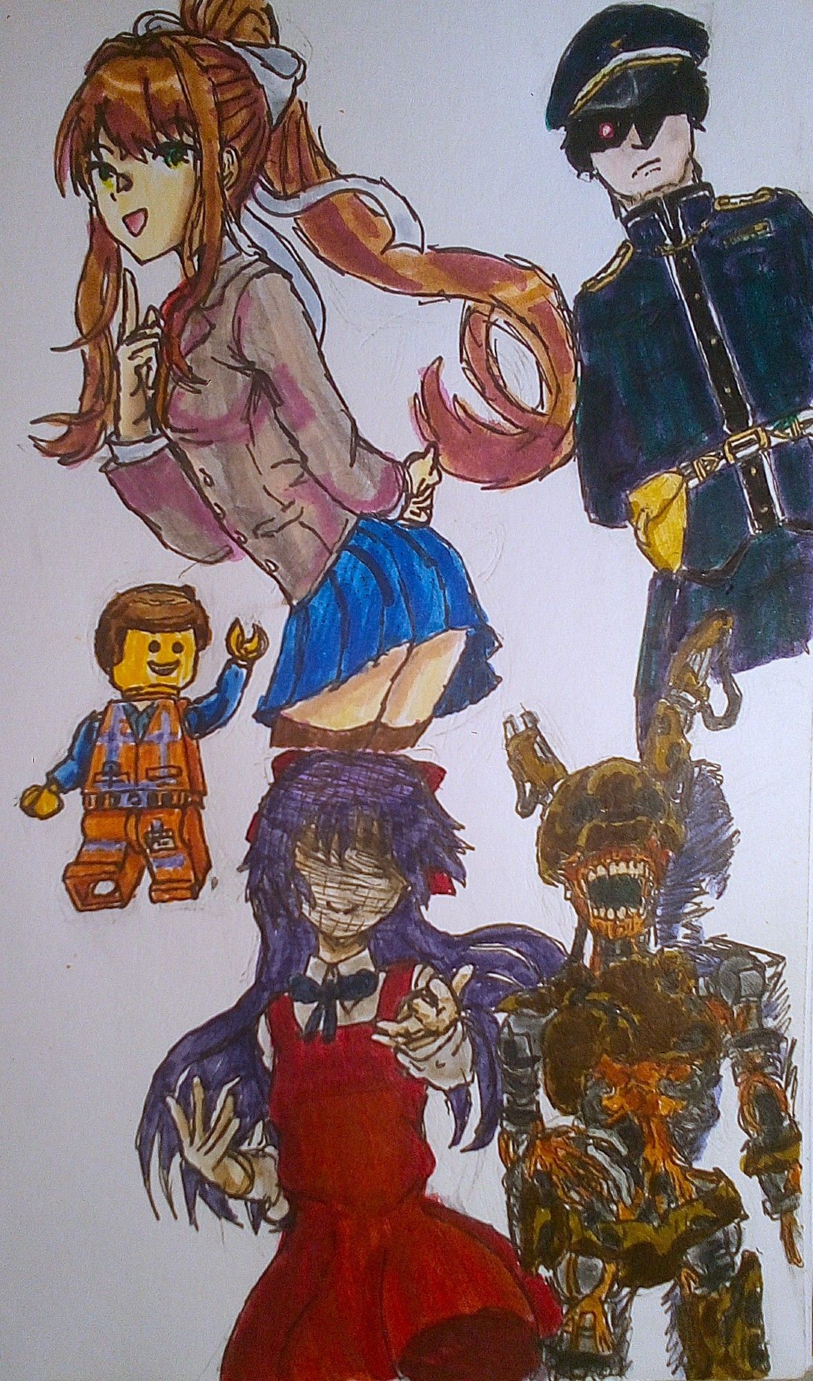 Monika from DDLC pointing at herself, I saw the pose and thought it fit her lol. Emmet from the Lego Movie, I think I need to work on drawing mechanical things. Burntrap with the shadow of the Mimic behind it. Ellen from the witch's house being all mysterious. Lastly Tsuruoka from Talentless Nana I tried to stick to the anime colors for him but the one scene he's in is very dark so it was difficult.