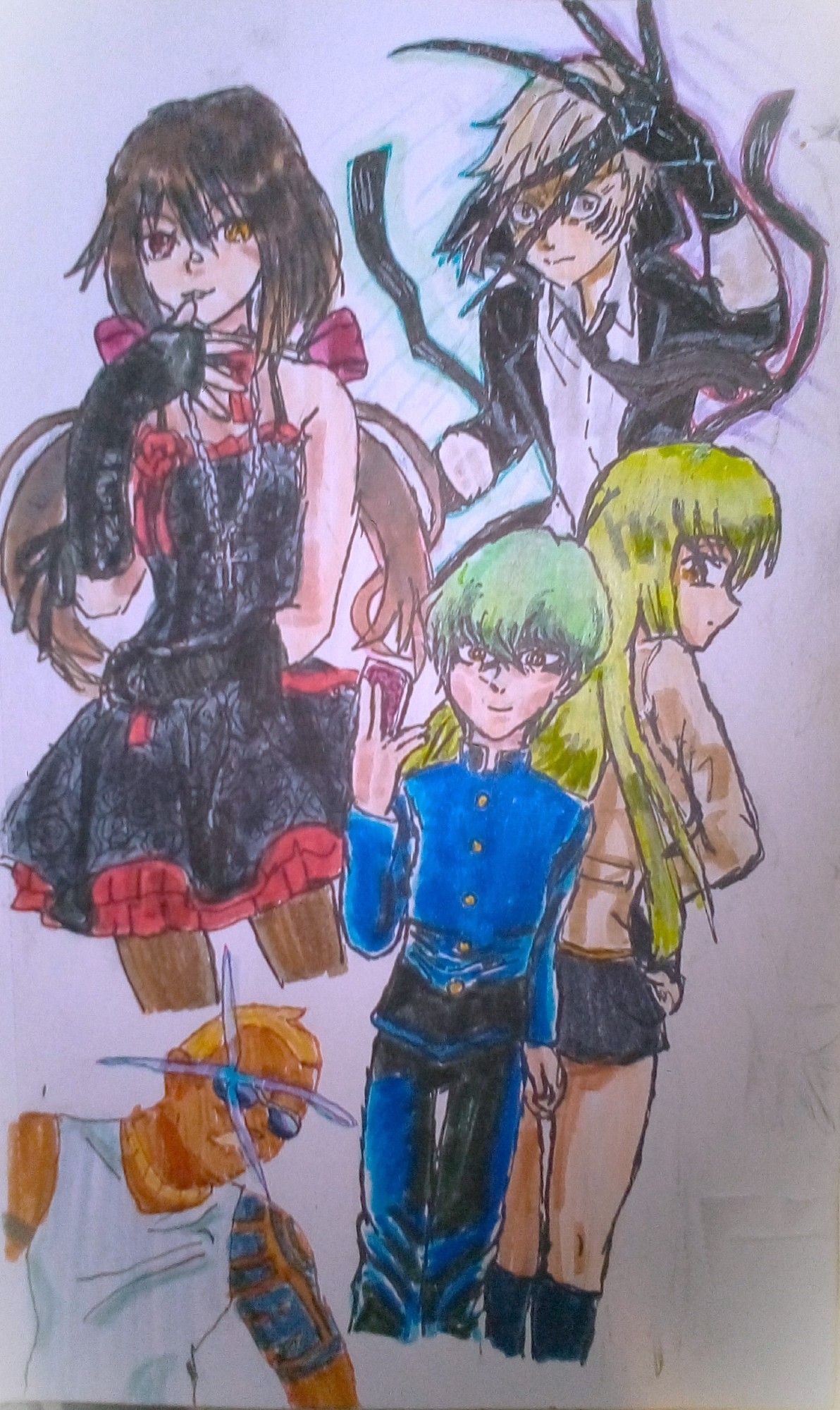 Seto Kaiba from Yugioh Season Zero holding a card. (presumably Blue eyes), and standing behind him is C2 from code geass. Both have the smiliarity of having green hair. Kurumi Tokisaki from Date a Live. She's wearing a different dress and appears to have just got done consuming another set of souls. Ignis Ex from Promare just being himself.